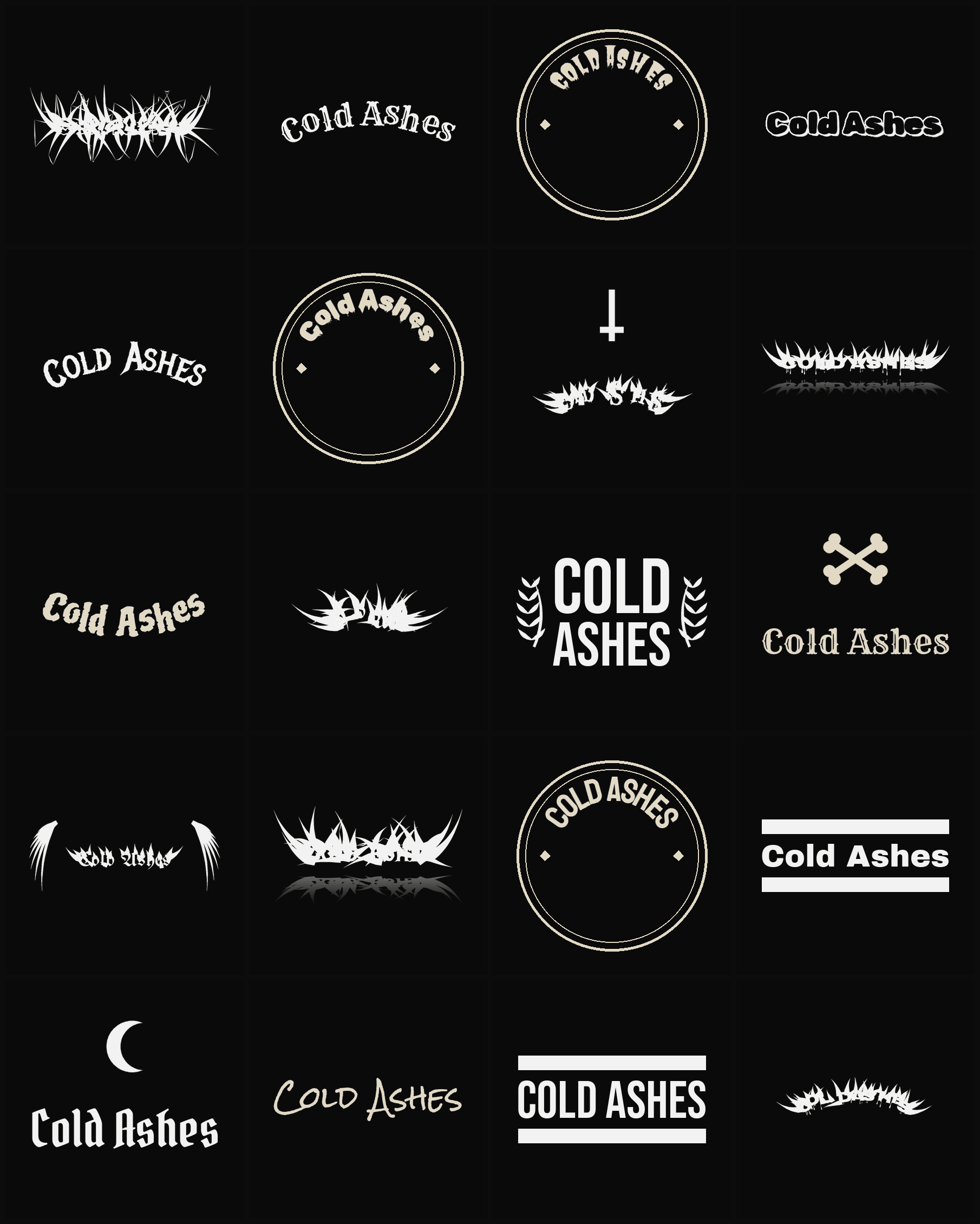 Twenty Cold Ashes band logo ideas — different faces, treatments and spike settings