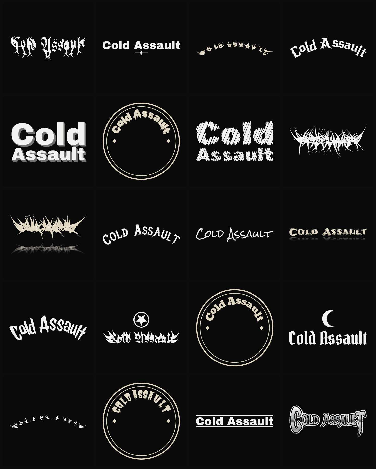 Twenty Cold Assault band logo ideas — different faces, treatments and spike settings