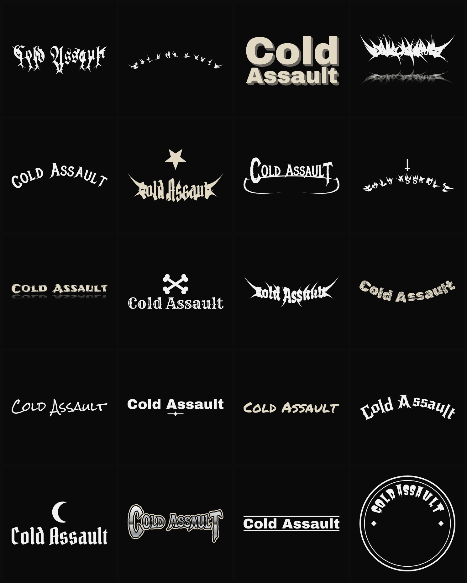 Twenty Cold Assault band logo ideas — different faces, treatments and spike settings