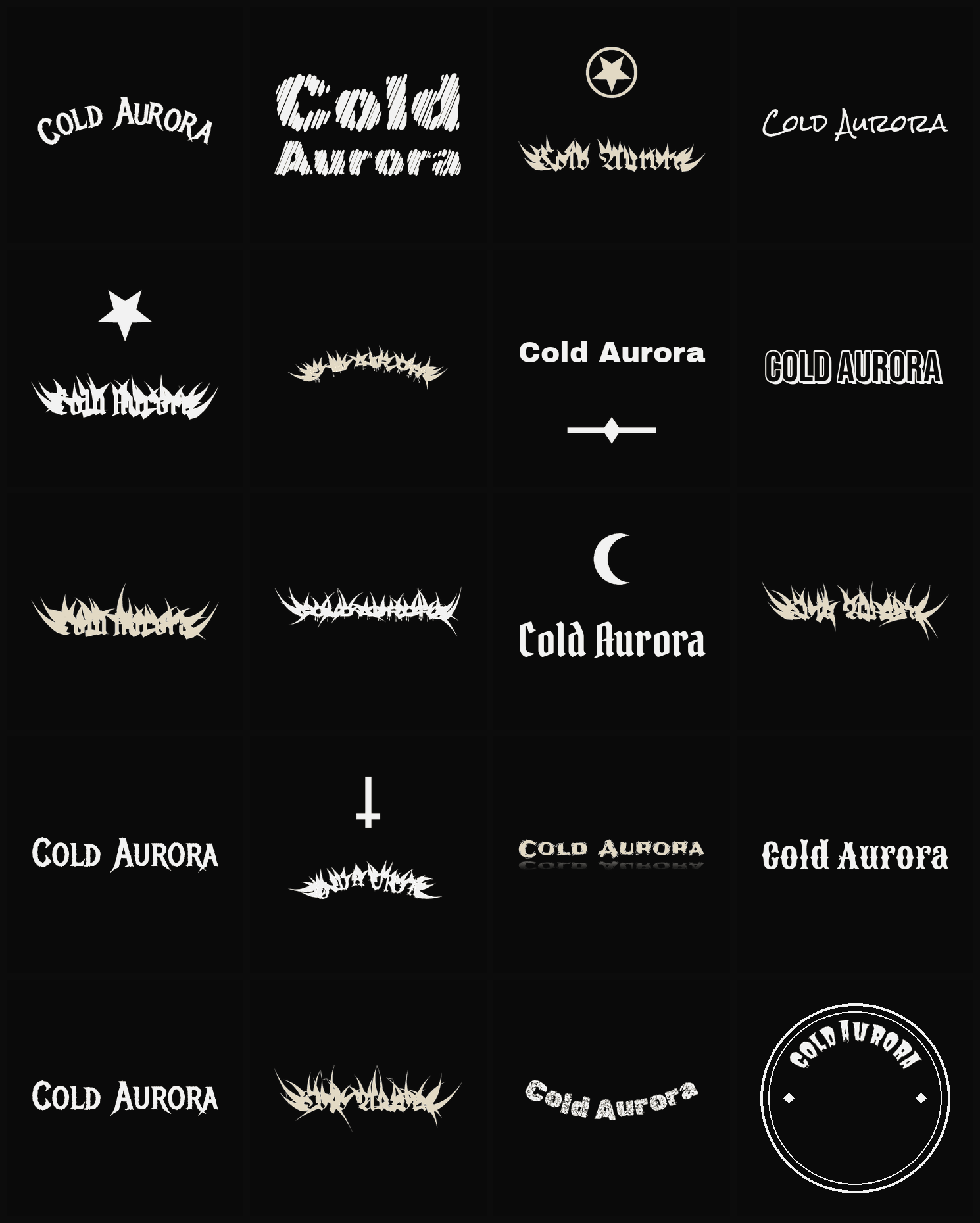 Twenty Cold Aurora band logo ideas — different faces, treatments and spike settings