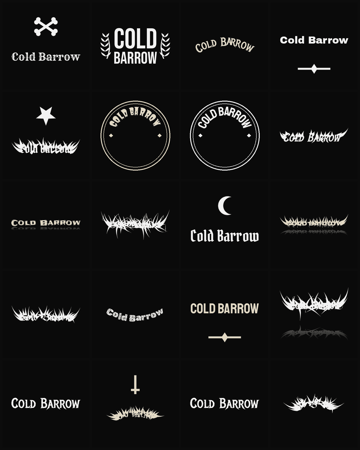 Twenty Cold Barrow band logo ideas — different faces, treatments and spike settings