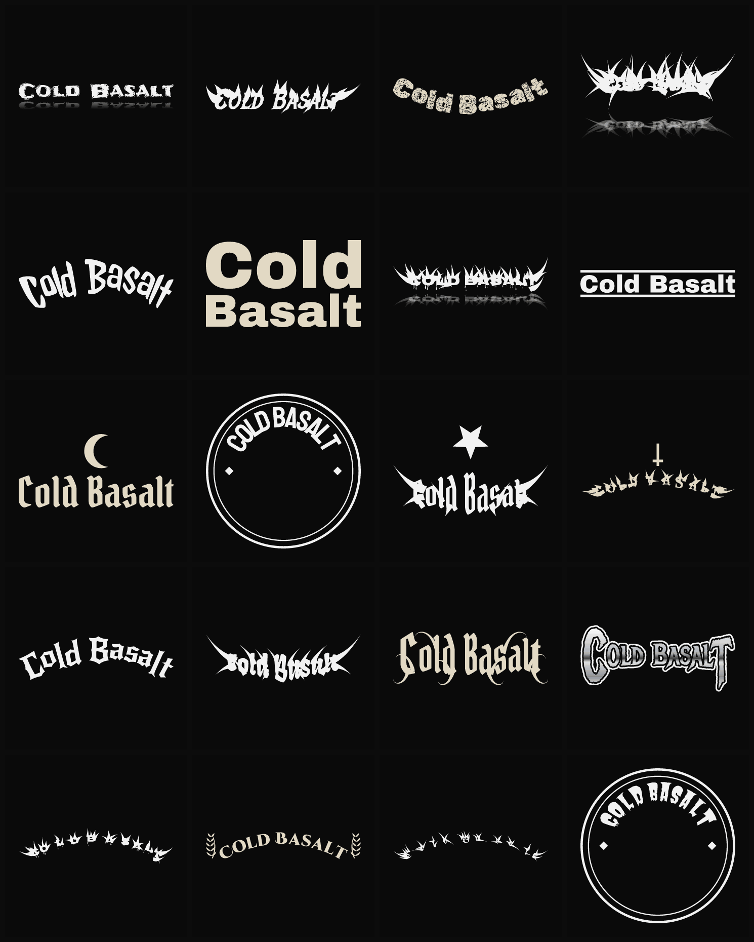 Twenty Cold Basalt band logo ideas — different faces, treatments and spike settings