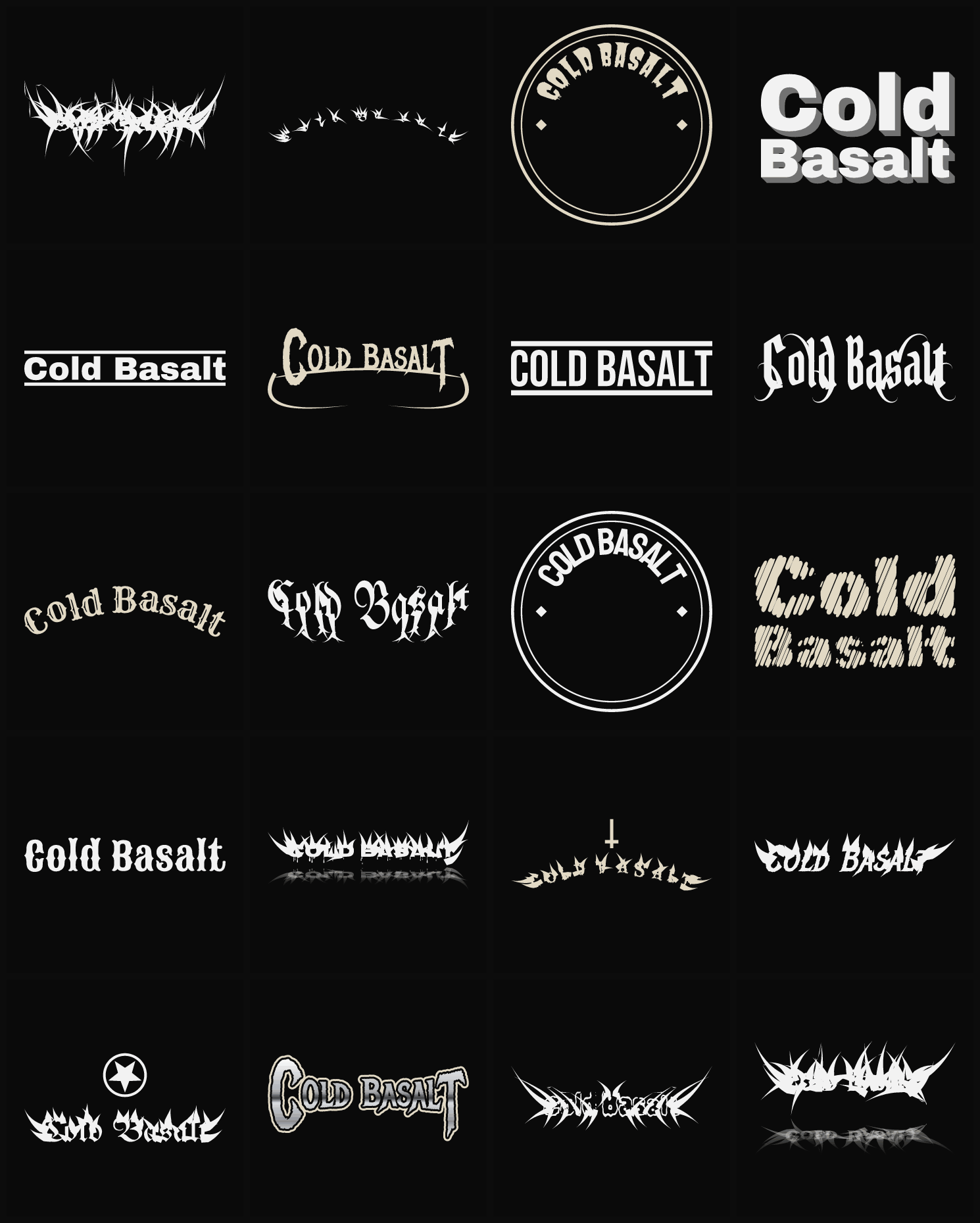 Twenty Cold Basalt band logo ideas — different faces, treatments and spike settings
