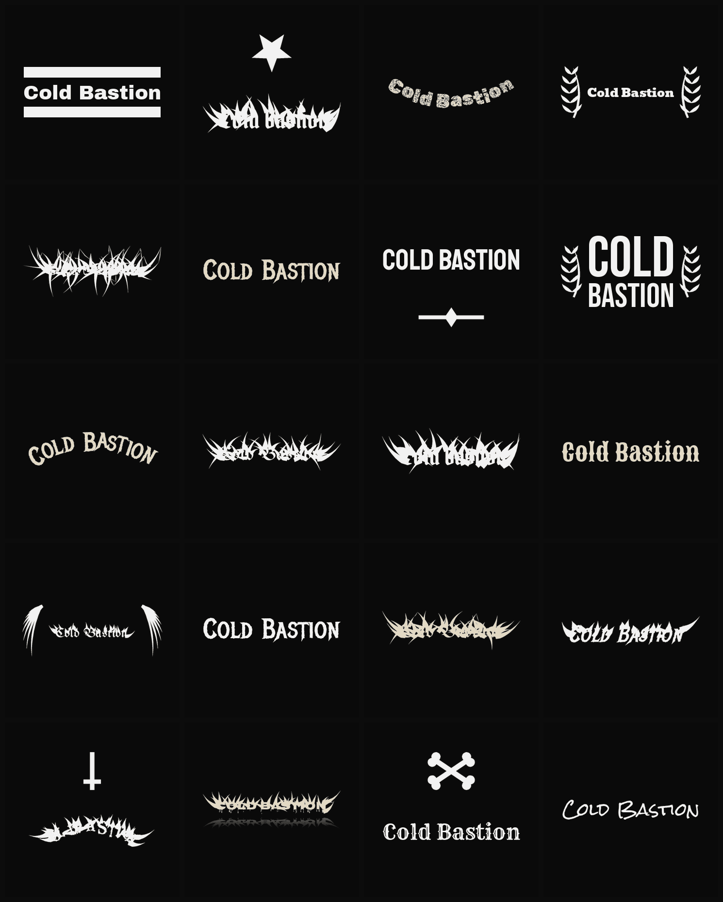 Twenty Cold Bastion band logo ideas — different faces, treatments and spike settings