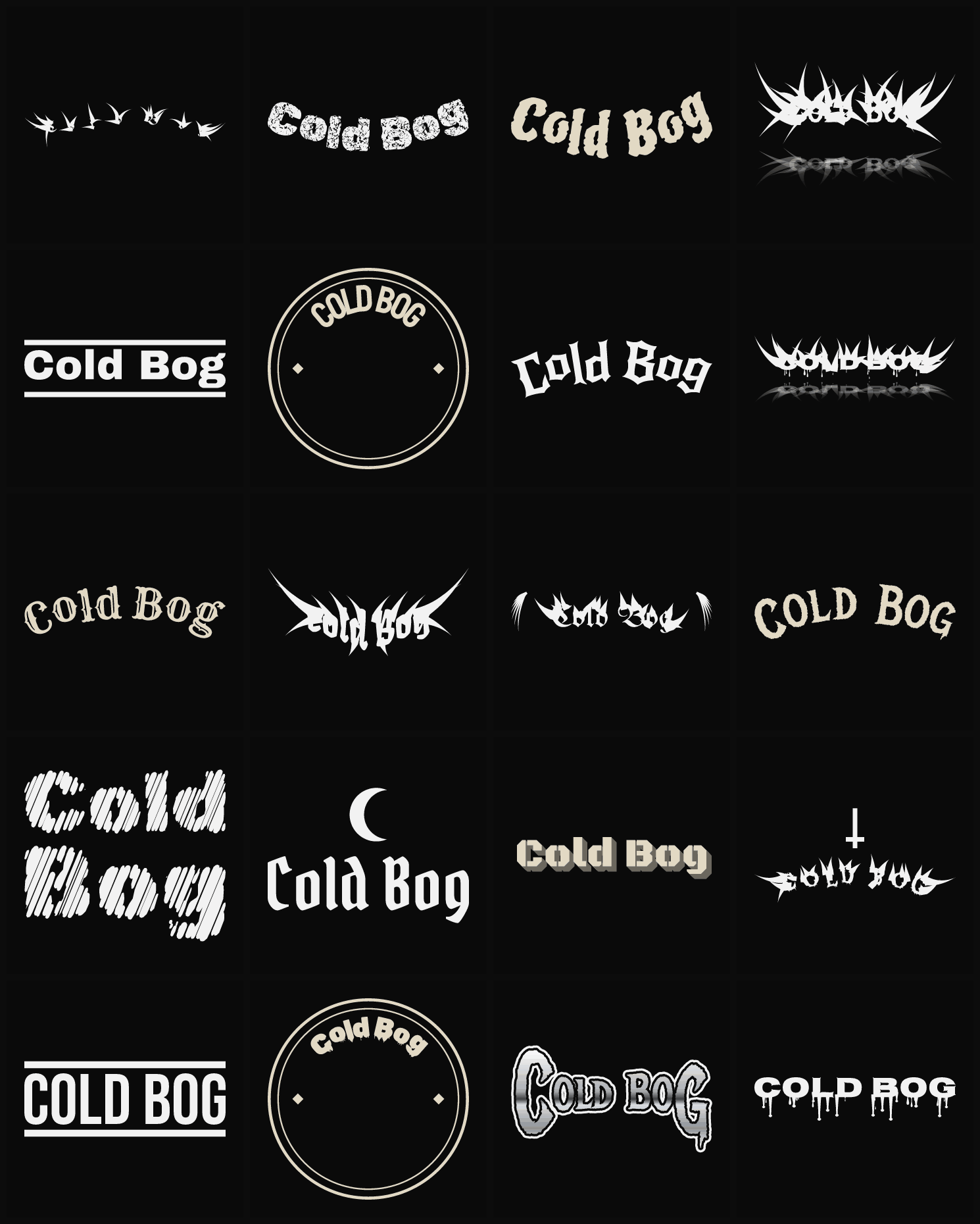 Twenty Cold Bog band logo ideas — different faces, treatments and spike settings