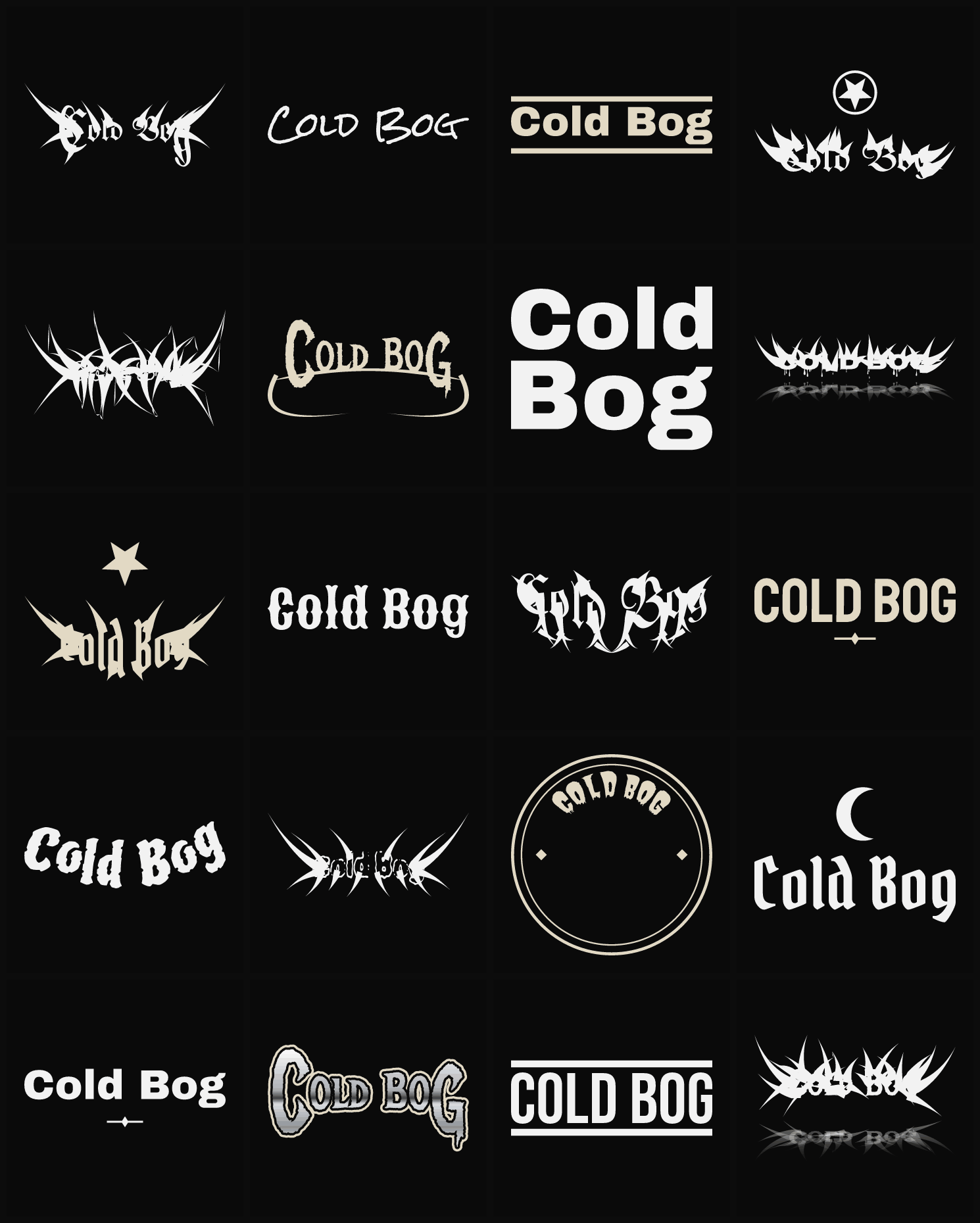 Twenty Cold Bog band logo ideas — different faces, treatments and spike settings