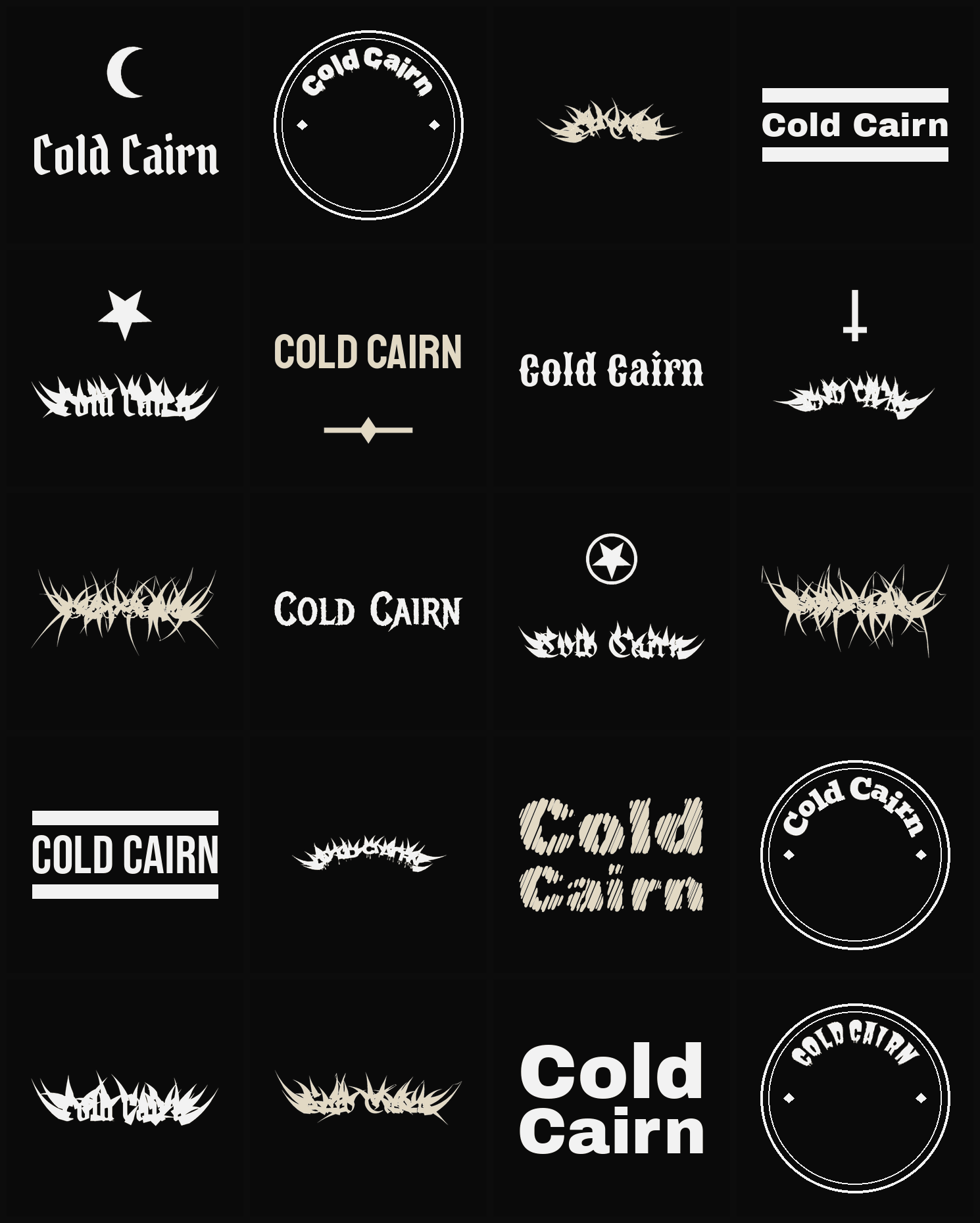 Twenty Cold Cairn band logo ideas — different faces, treatments and spike settings