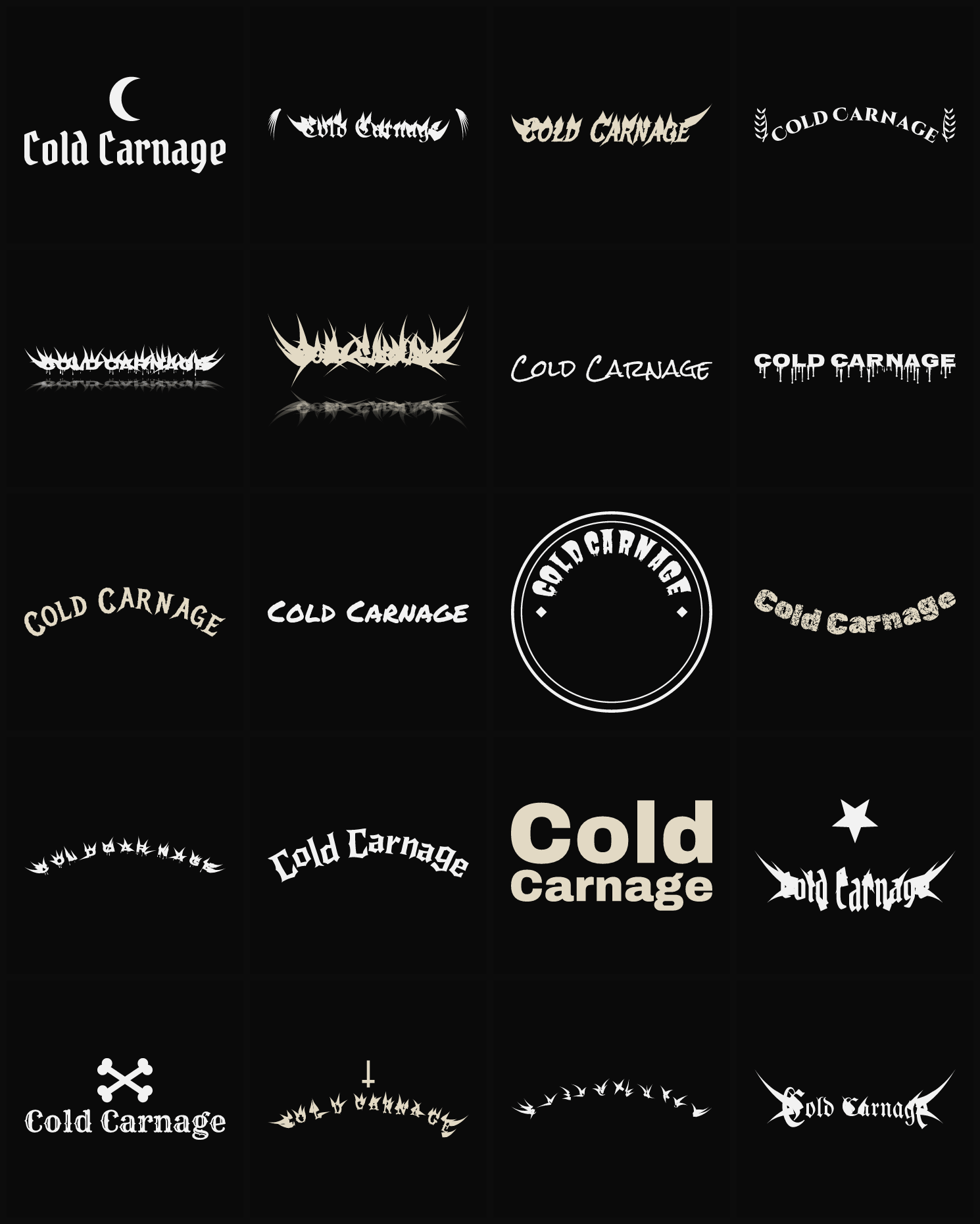 Twenty Cold Carnage band logo ideas — different faces, treatments and spike settings