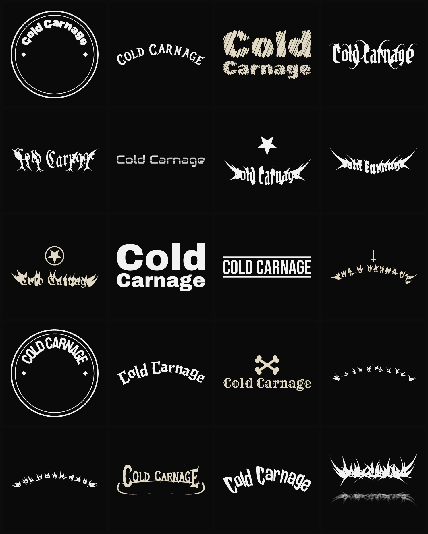 Twenty Cold Carnage band logo ideas — different faces, treatments and spike settings