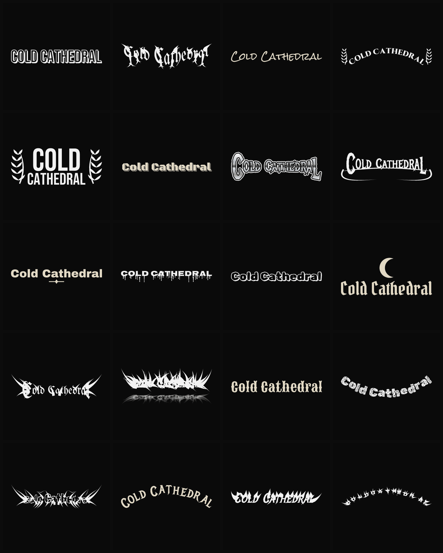Twenty Cold Cathedral band logo ideas — different faces, treatments and spike settings