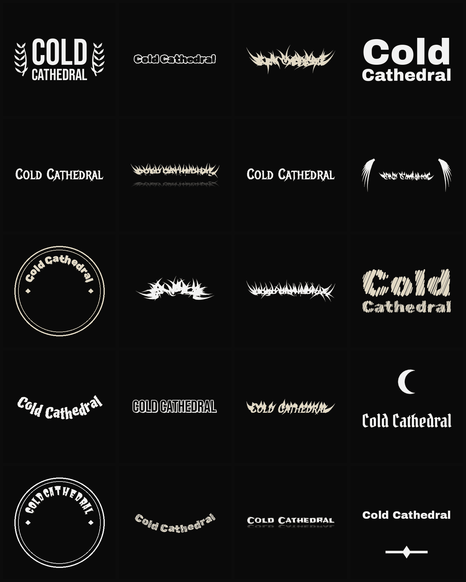 Twenty Cold Cathedral band logo ideas — different faces, treatments and spike settings