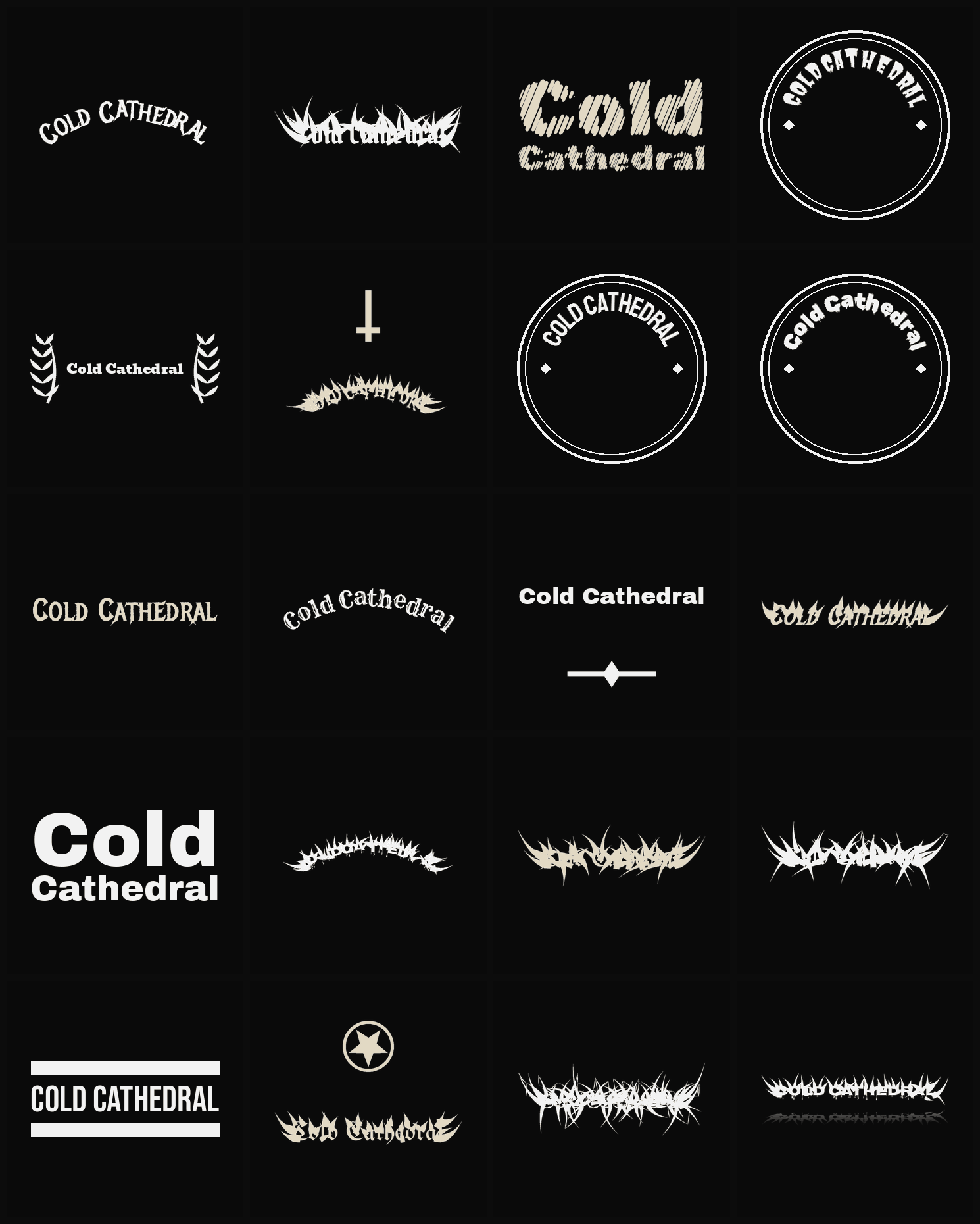 Twenty Cold Cathedral band logo ideas — different faces, treatments and spike settings