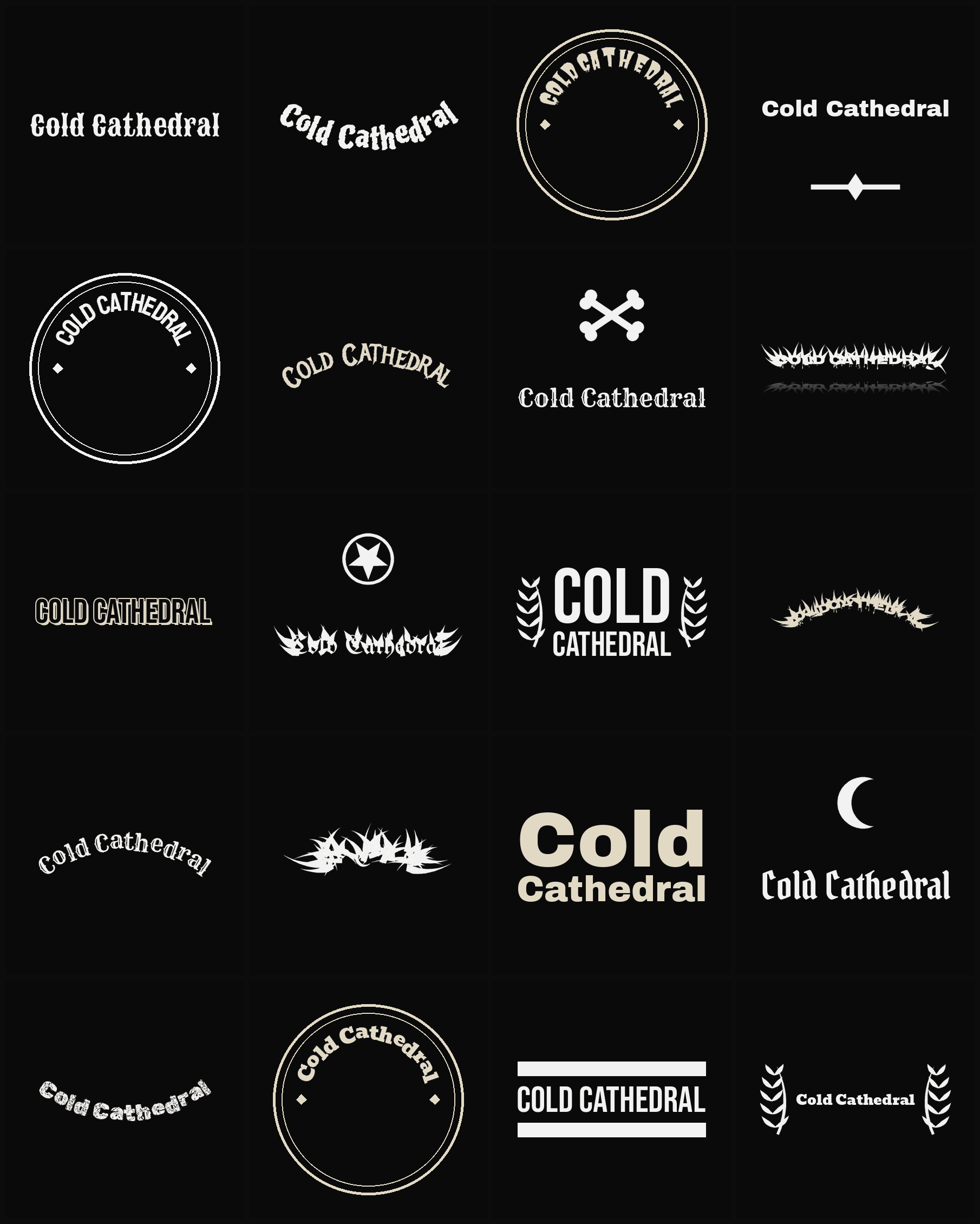 Twenty Cold Cathedral band logo ideas — different faces, treatments and spike settings