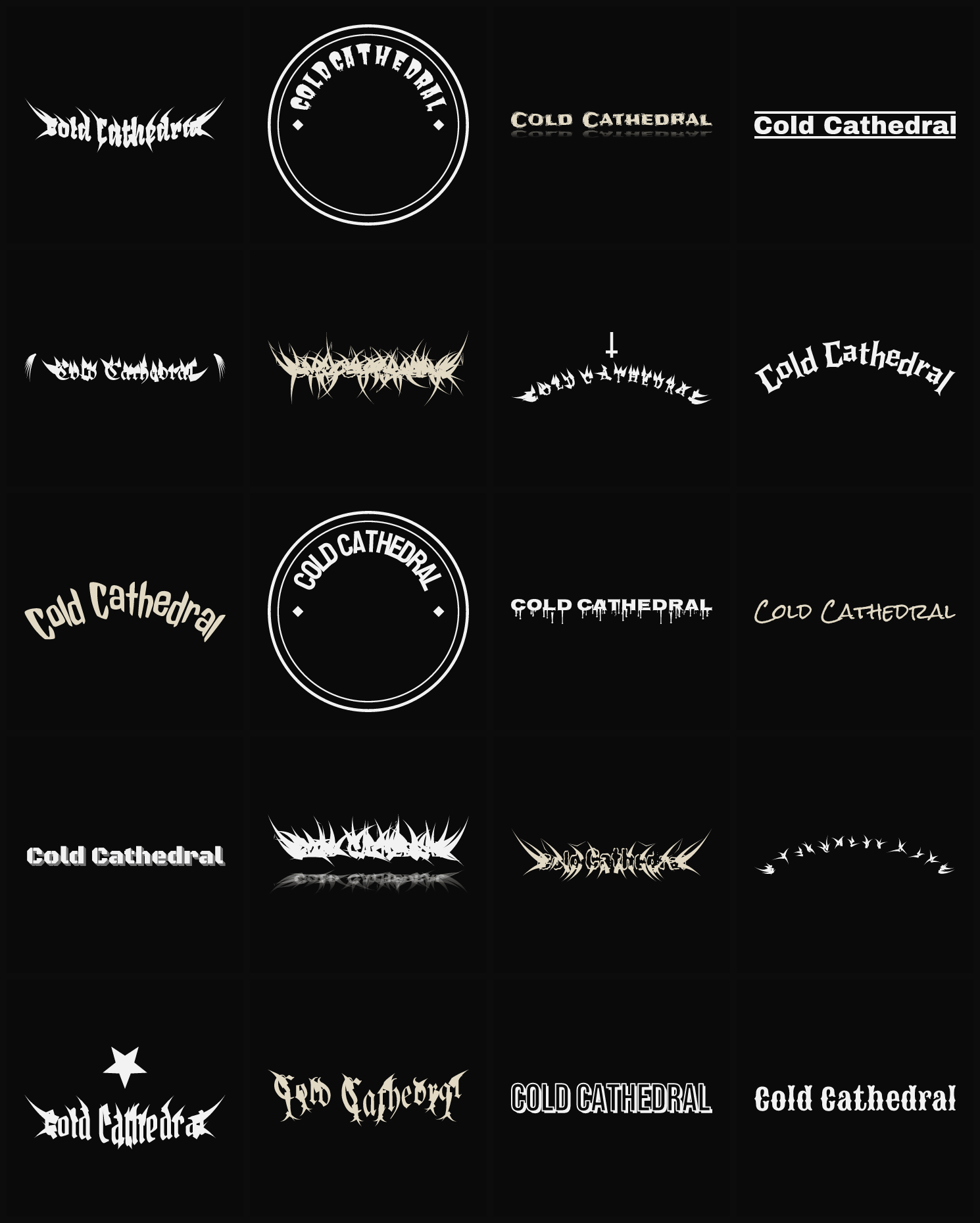 Twenty Cold Cathedral band logo ideas — different faces, treatments and spike settings
