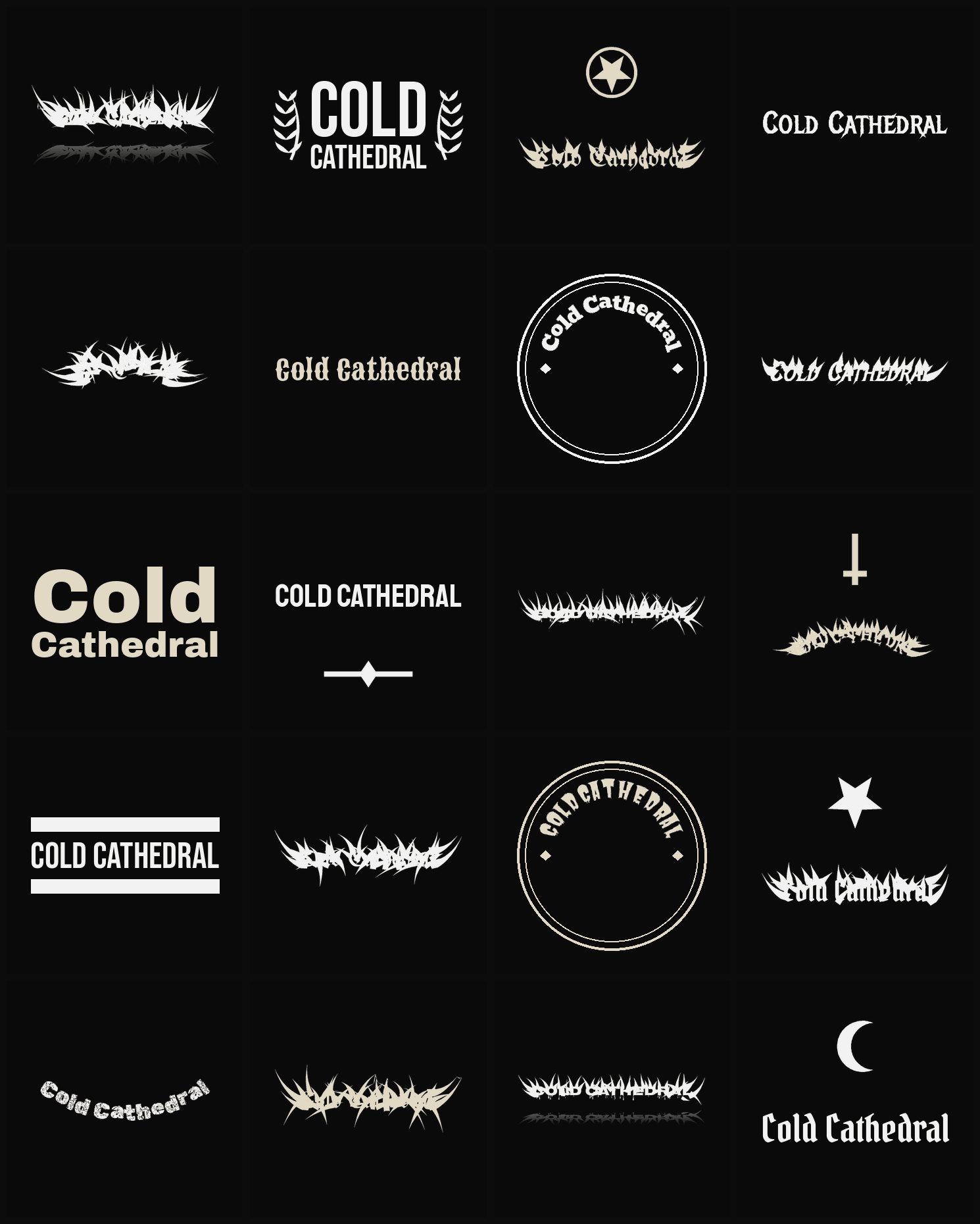 Twenty Cold Cathedral band logo ideas — different faces, treatments and spike settings