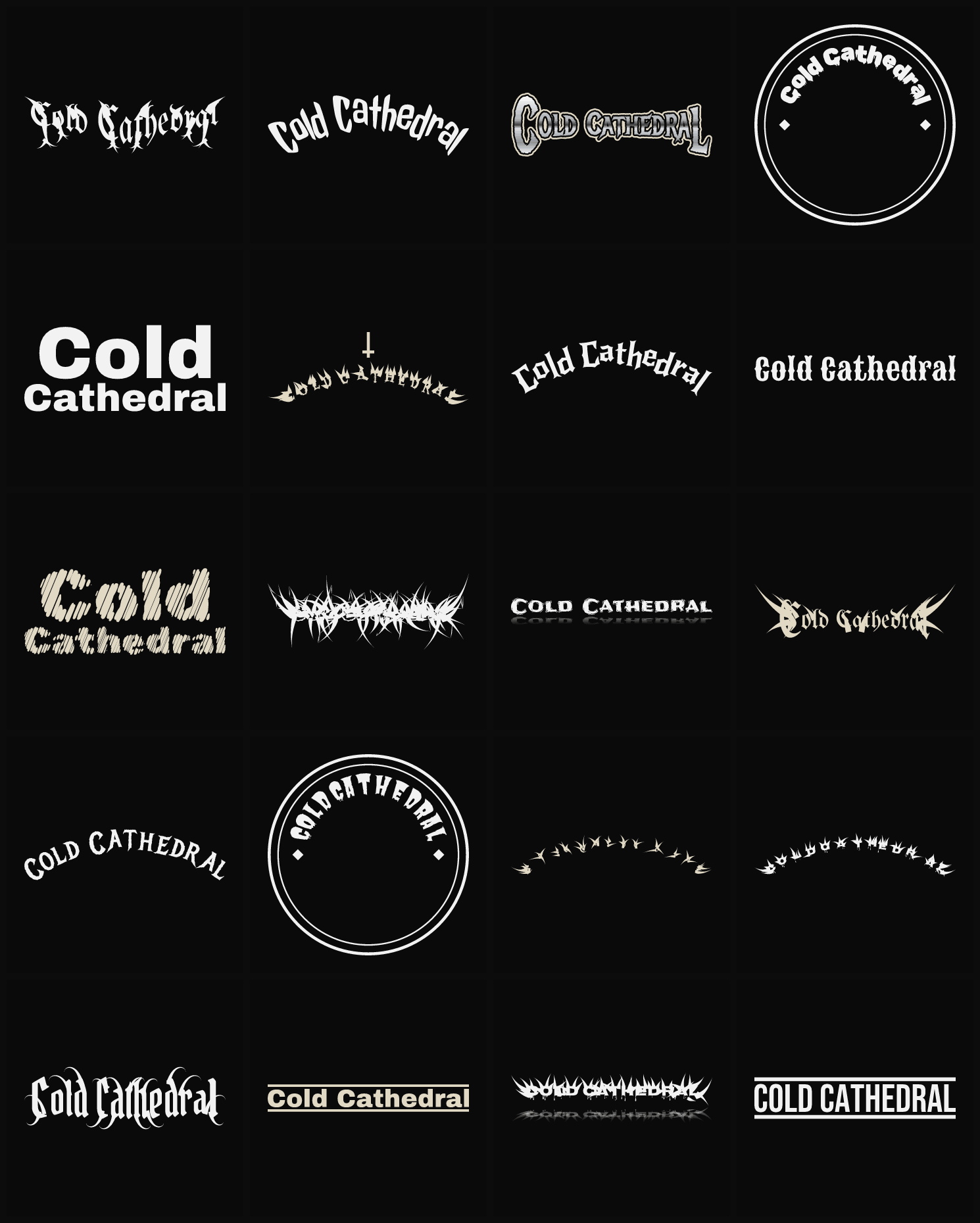 Twenty Cold Cathedral band logo ideas — different faces, treatments and spike settings