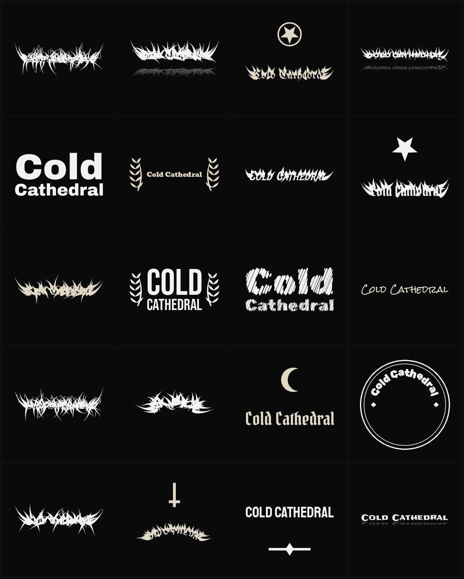Twenty Cold Cathedral band logo ideas — different faces, treatments and spike settings