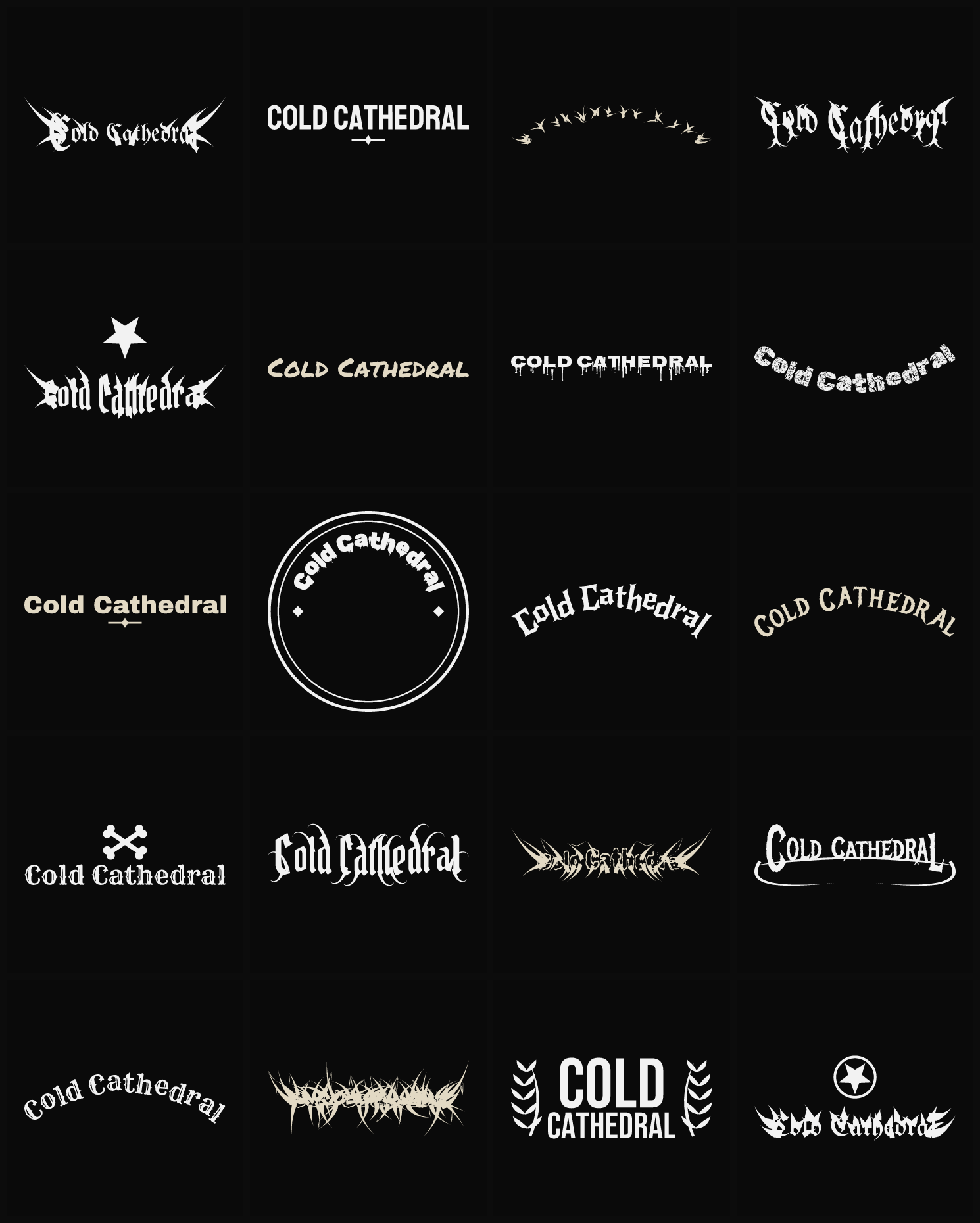 Twenty Cold Cathedral band logo ideas — different faces, treatments and spike settings
