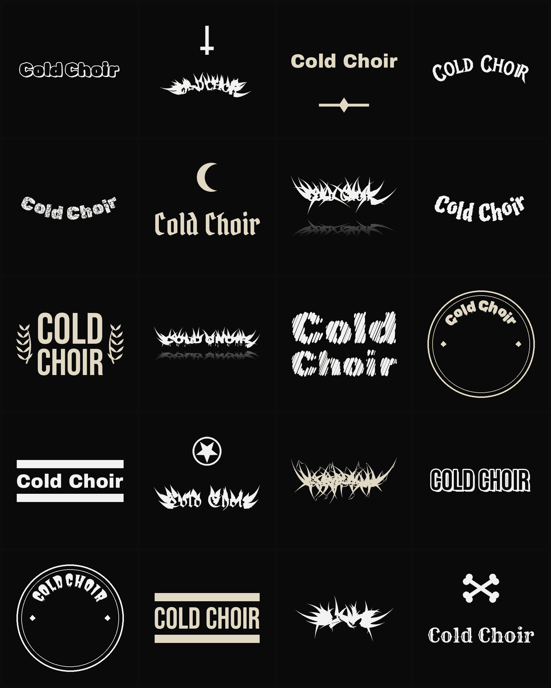 Twenty Cold Choir band logo ideas — different faces, treatments and spike settings