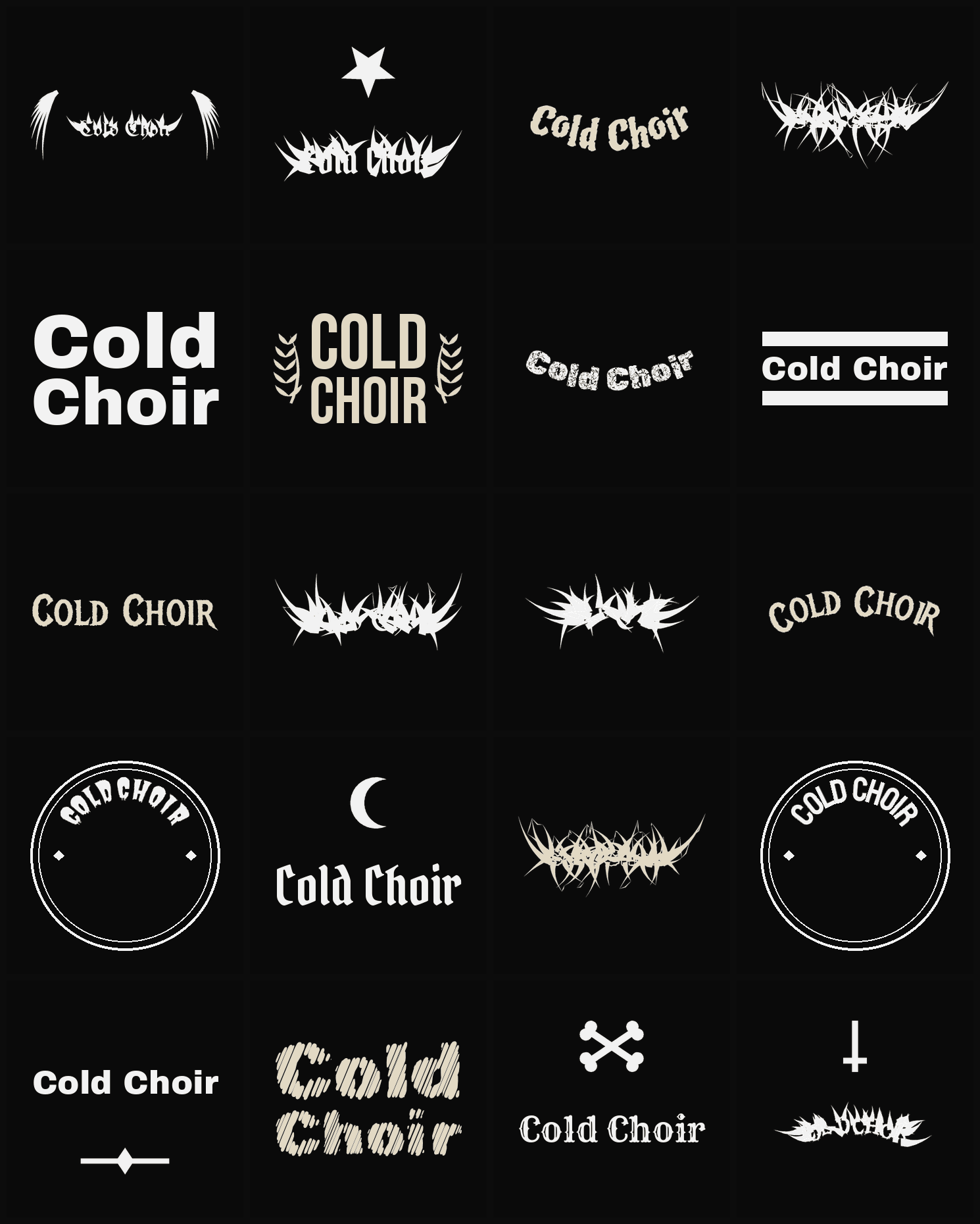 Twenty Cold Choir band logo ideas — different faces, treatments and spike settings
