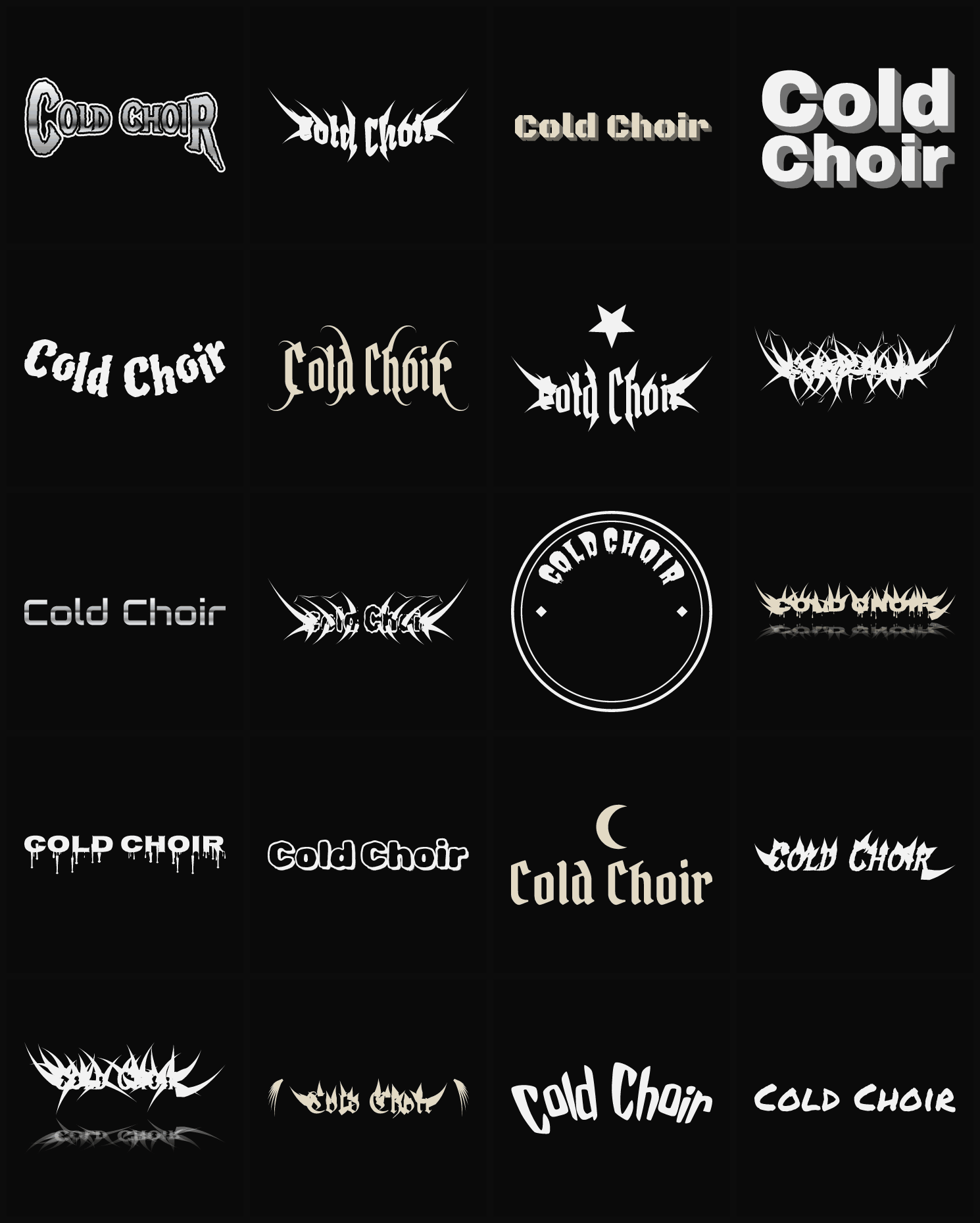Twenty Cold Choir band logo ideas — different faces, treatments and spike settings
