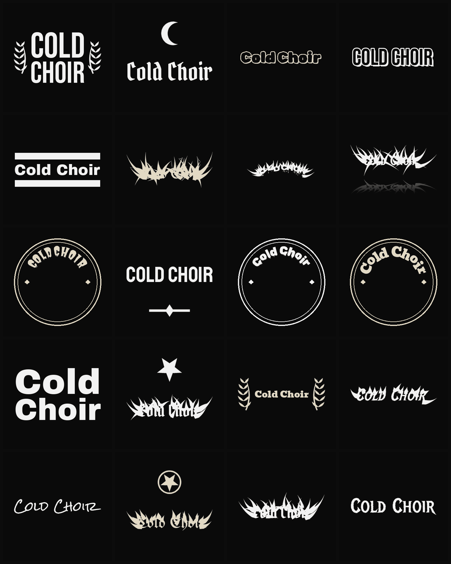 Twenty Cold Choir band logo ideas — different faces, treatments and spike settings