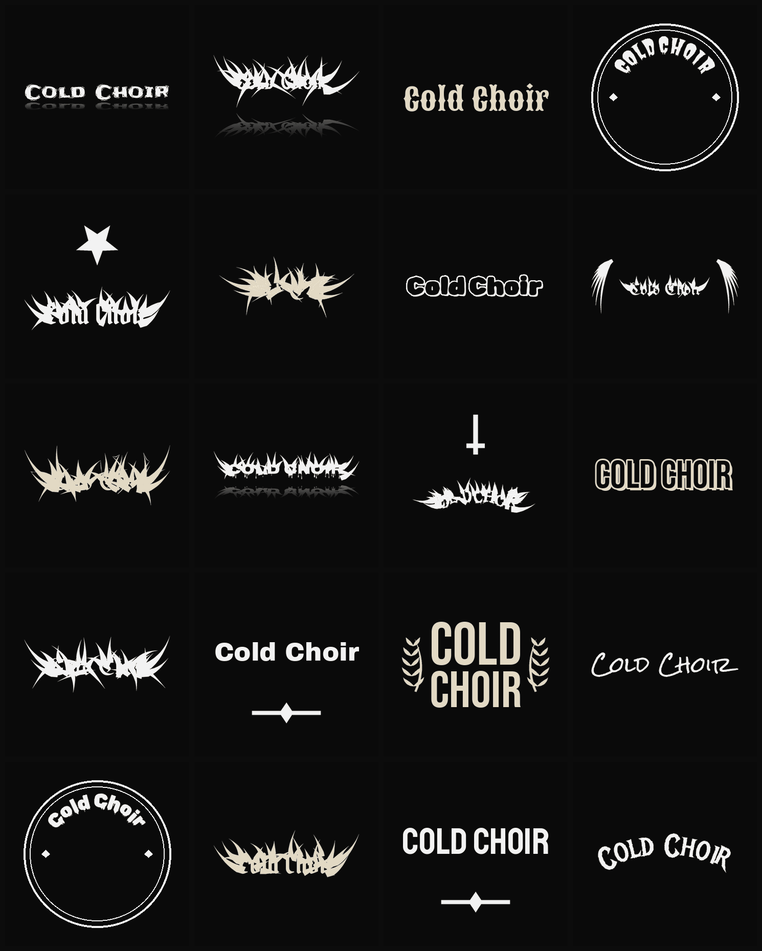 Twenty Cold Choir band logo ideas — different faces, treatments and spike settings