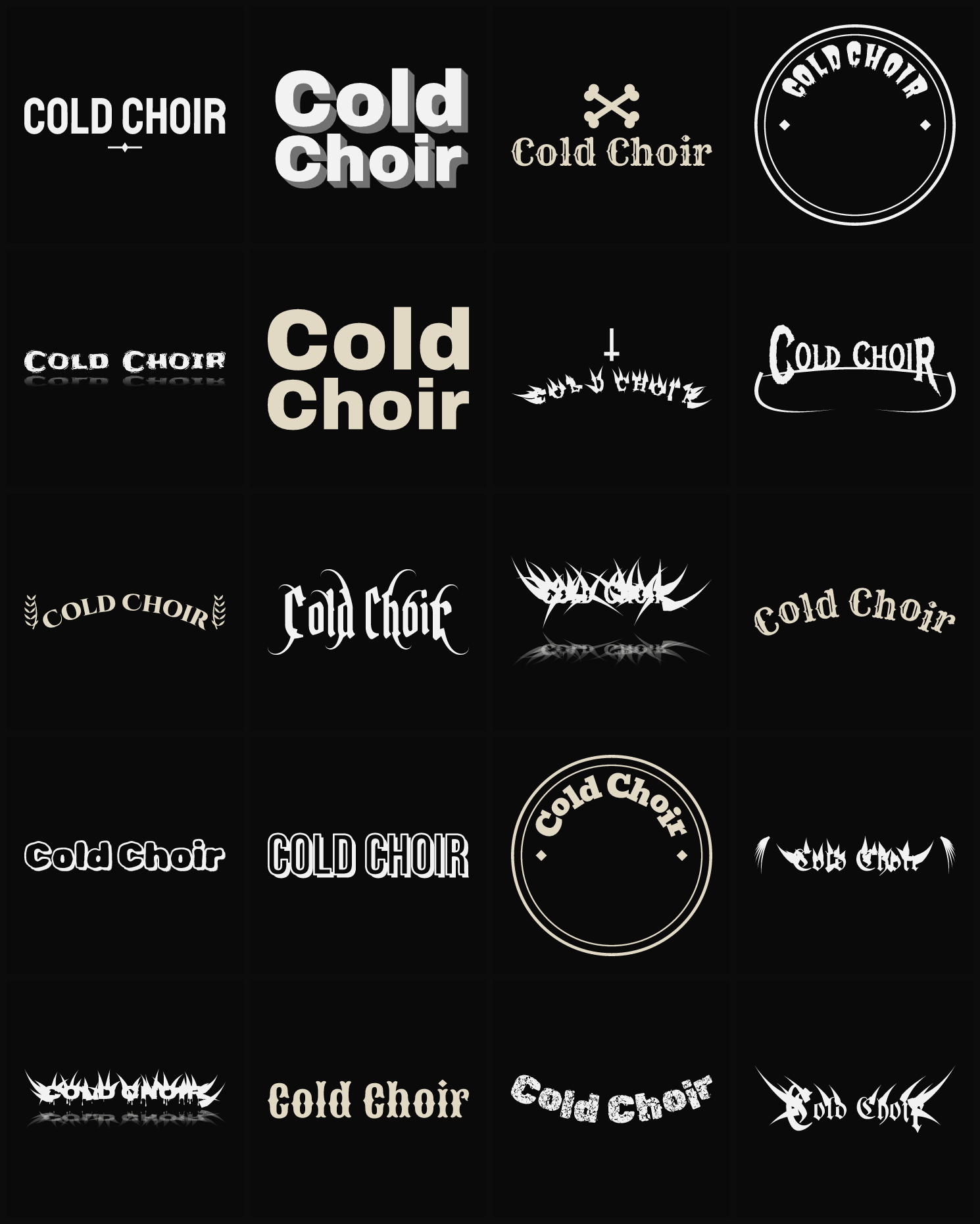 Twenty Cold Choir band logo ideas — different faces, treatments and spike settings