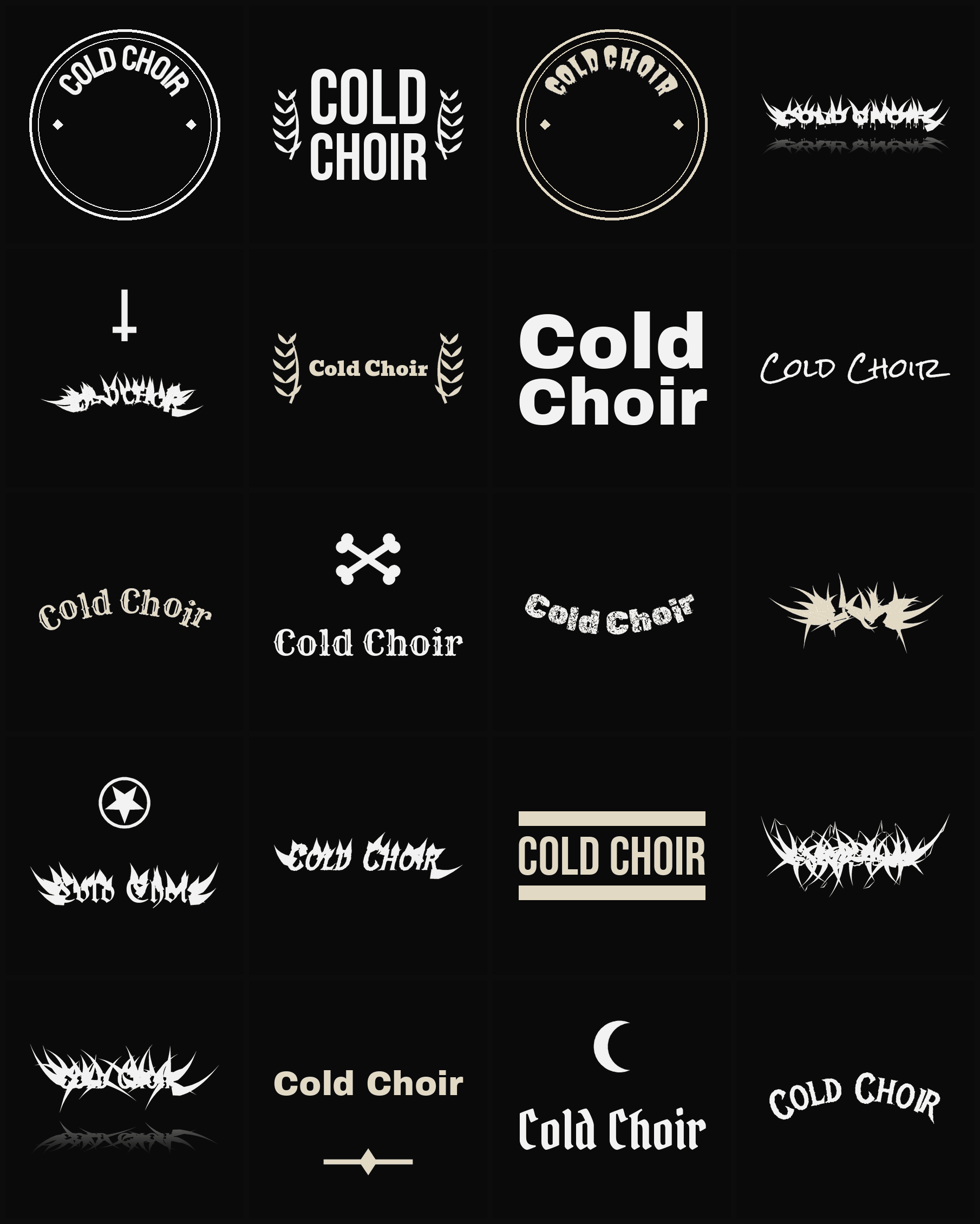 Twenty Cold Choir band logo ideas — different faces, treatments and spike settings