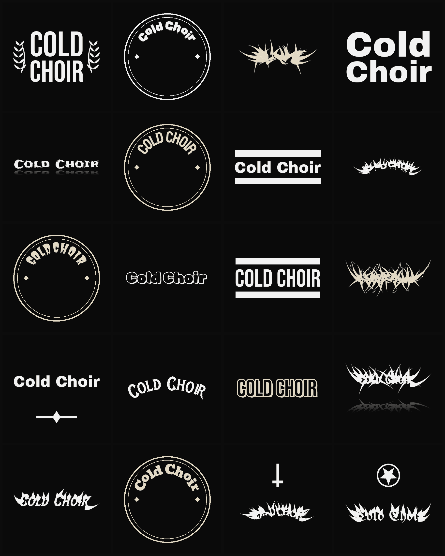Twenty Cold Choir band logo ideas — different faces, treatments and spike settings