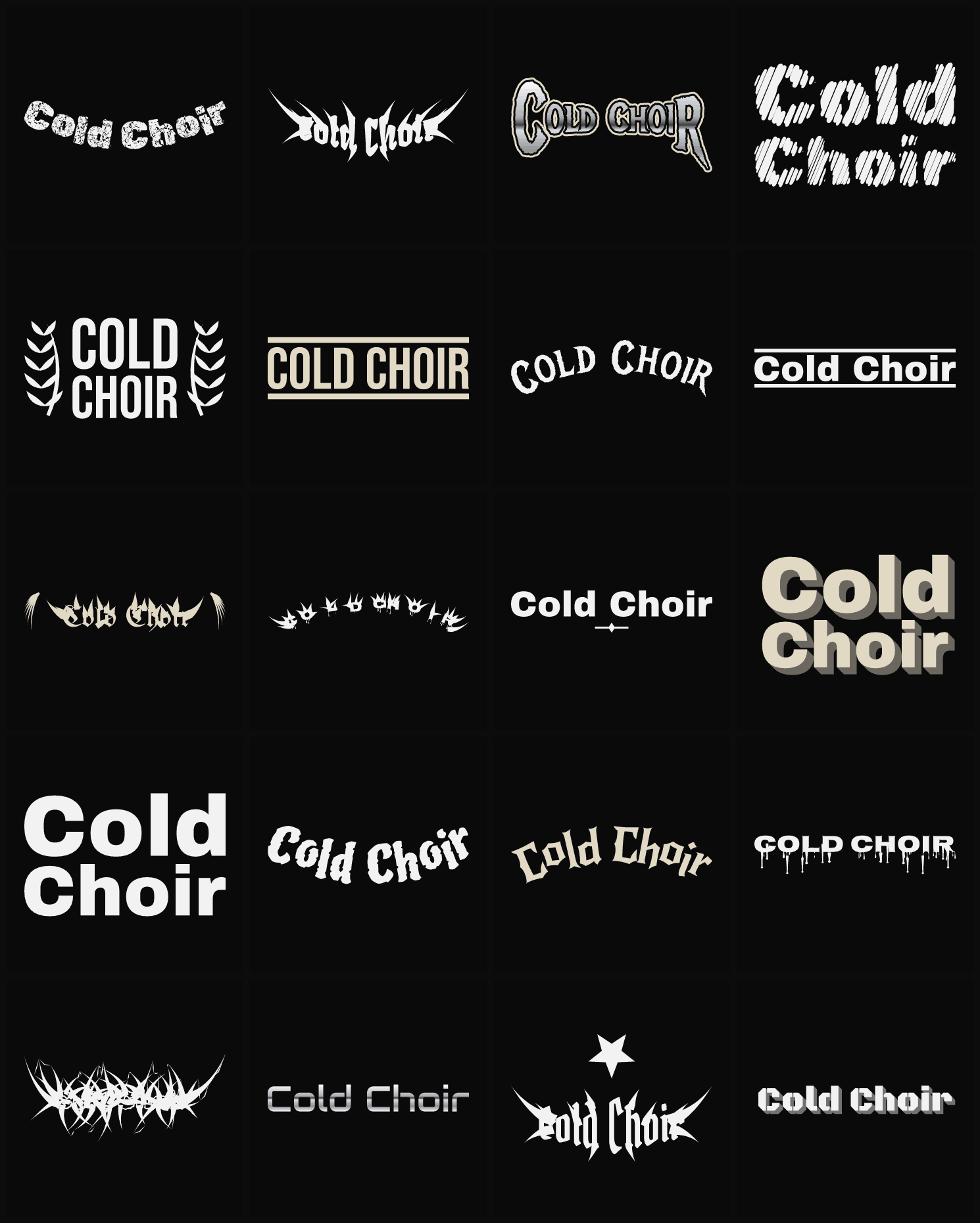 Twenty Cold Choir band logo ideas — different faces, treatments and spike settings