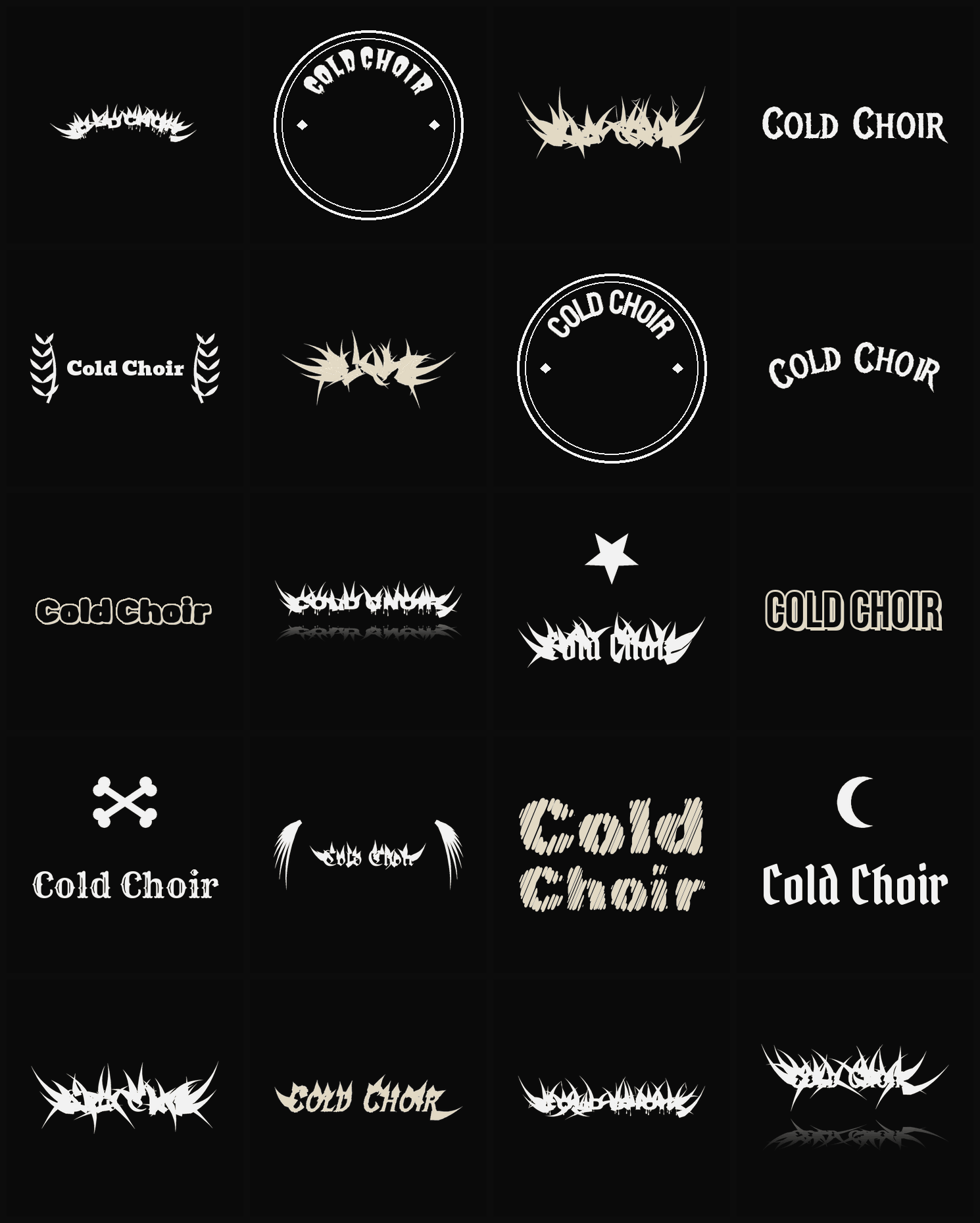 Twenty Cold Choir band logo ideas — different faces, treatments and spike settings
