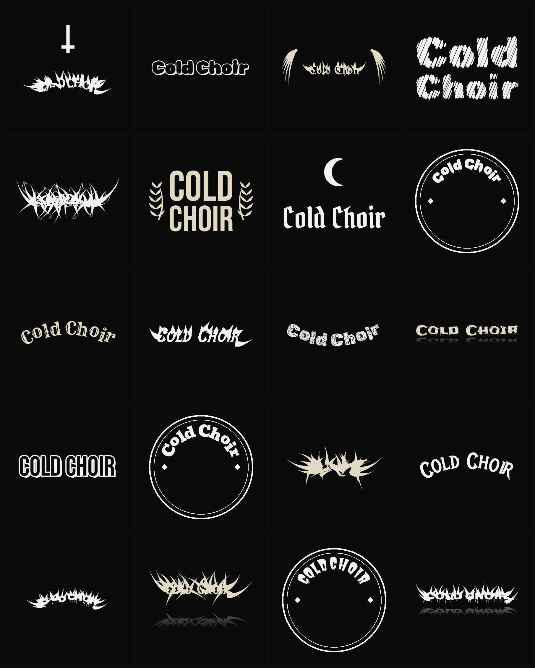 Twenty Cold Choir band logo ideas — different faces, treatments and spike settings