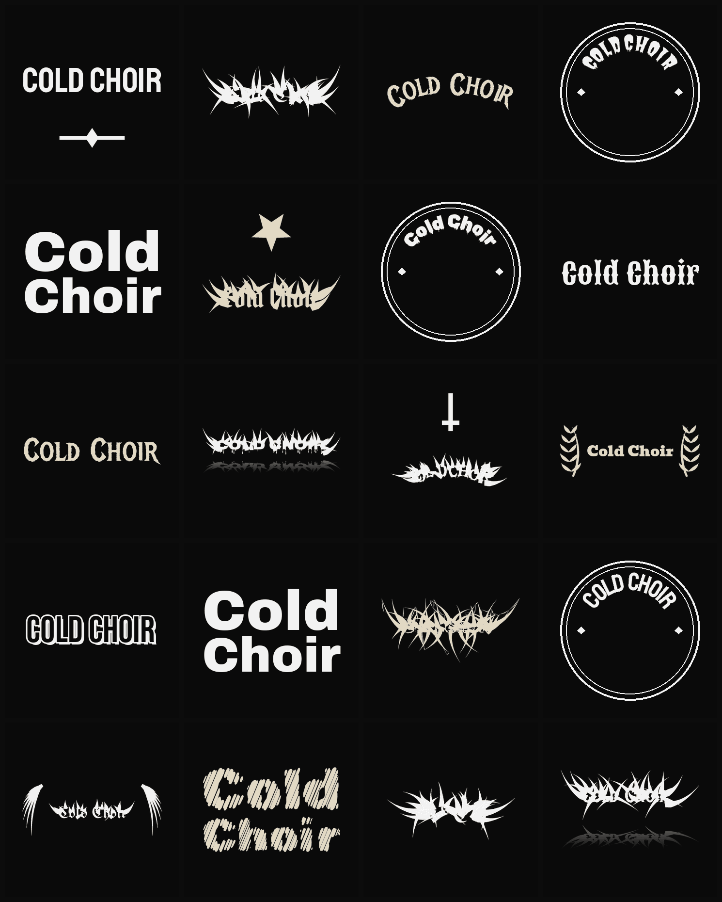 Twenty Cold Choir band logo ideas — different faces, treatments and spike settings