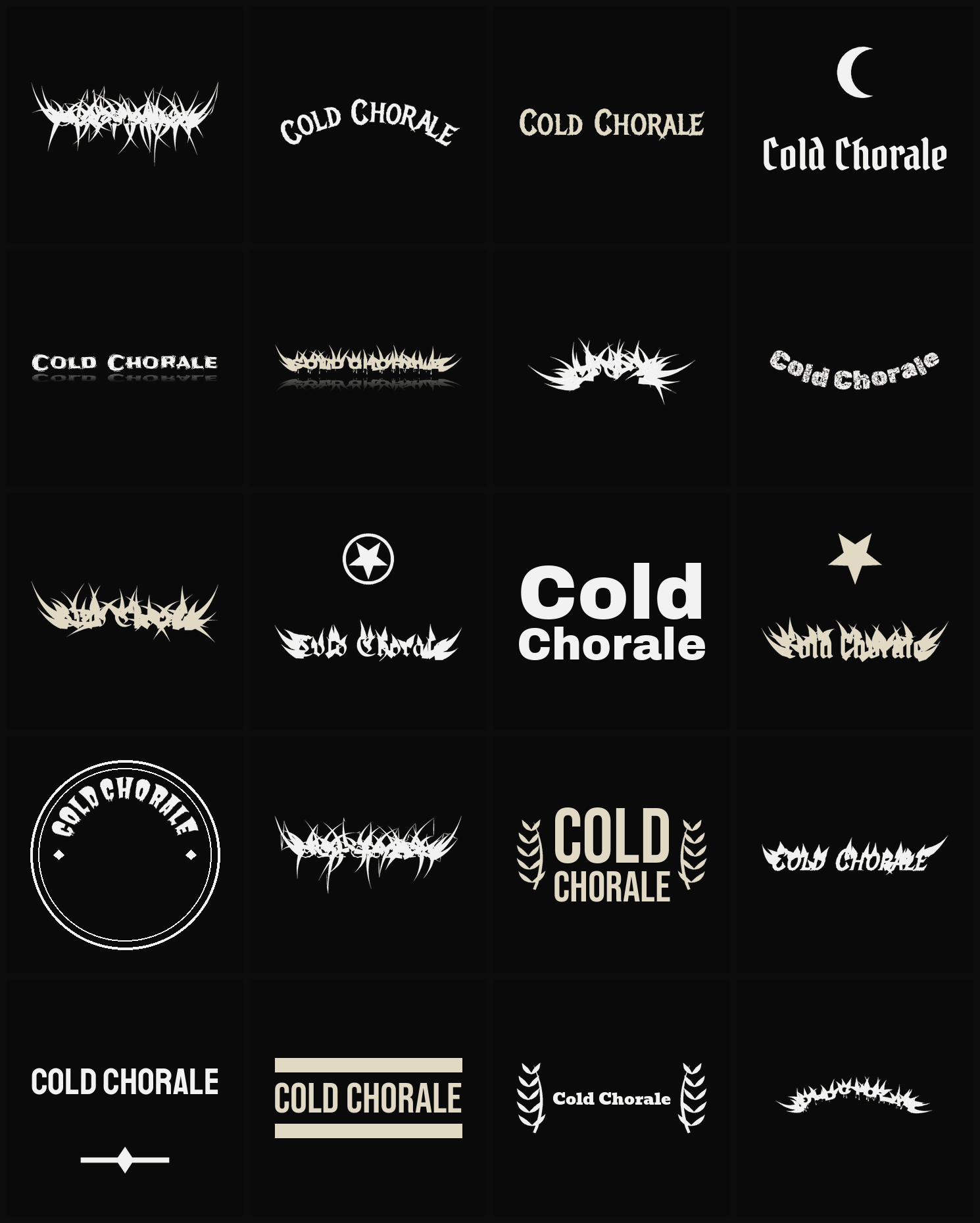 Twenty Cold Chorale band logo ideas — different faces, treatments and spike settings