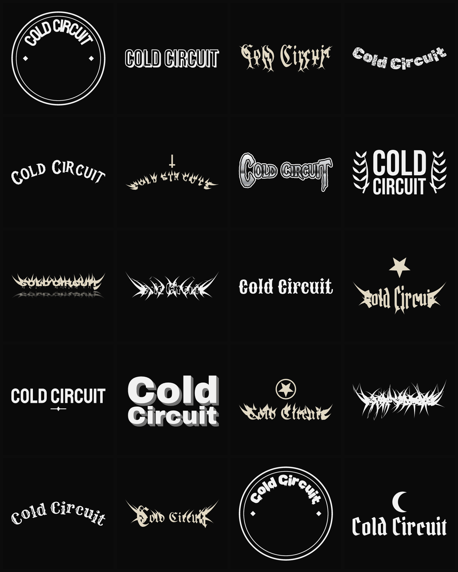 Twenty Cold Circuit band logo ideas — different faces, treatments and spike settings