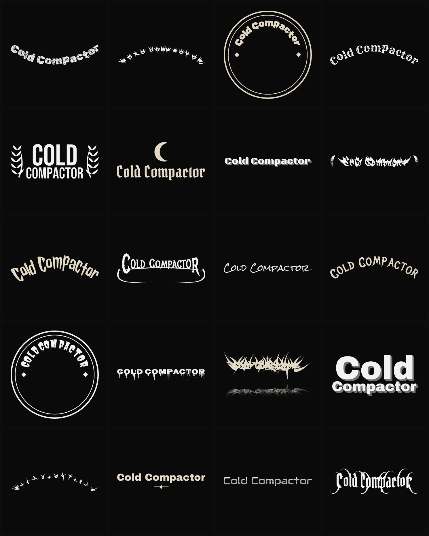 Twenty Cold Compactor band logo ideas — different faces, treatments and spike settings