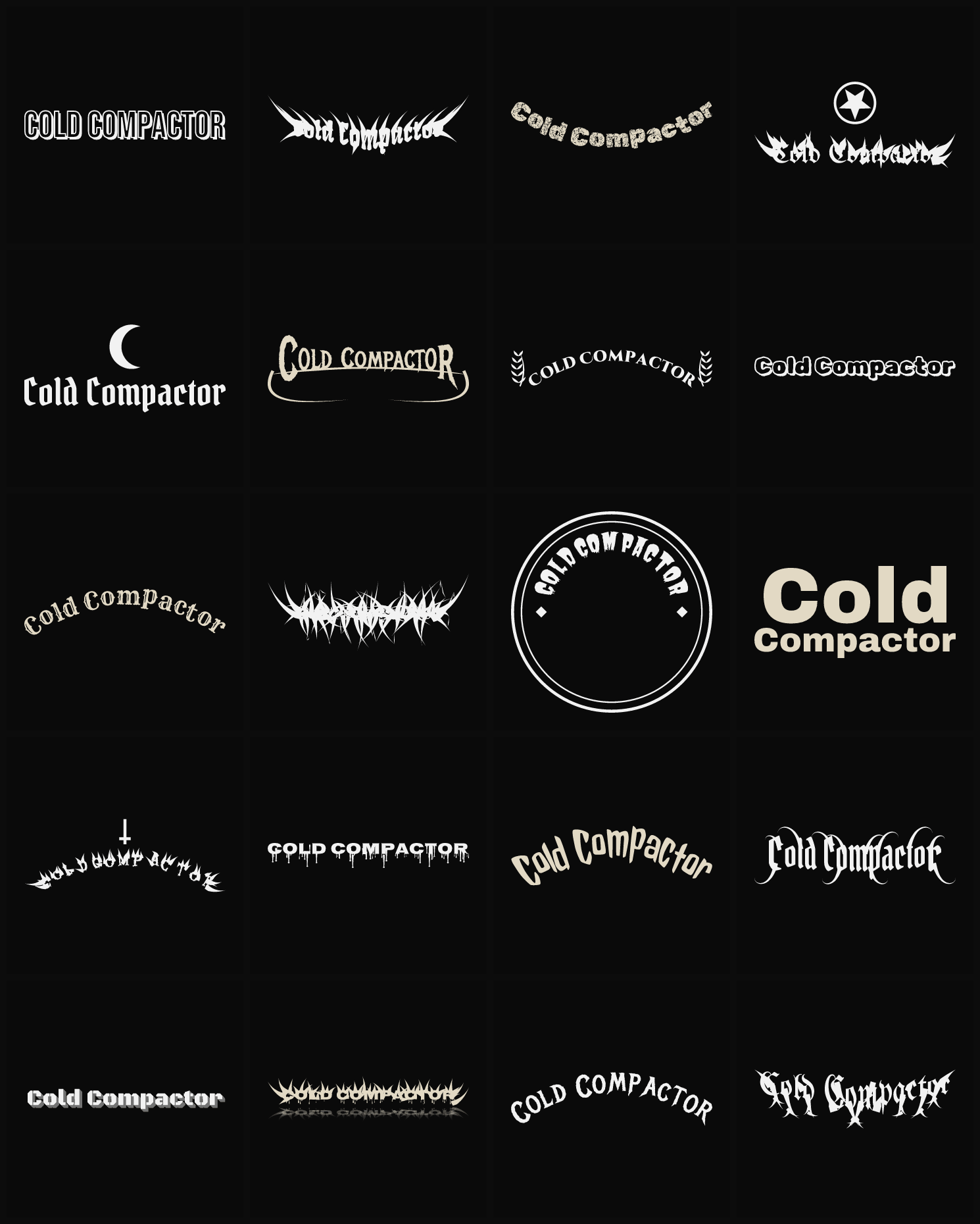Twenty Cold Compactor band logo ideas — different faces, treatments and spike settings