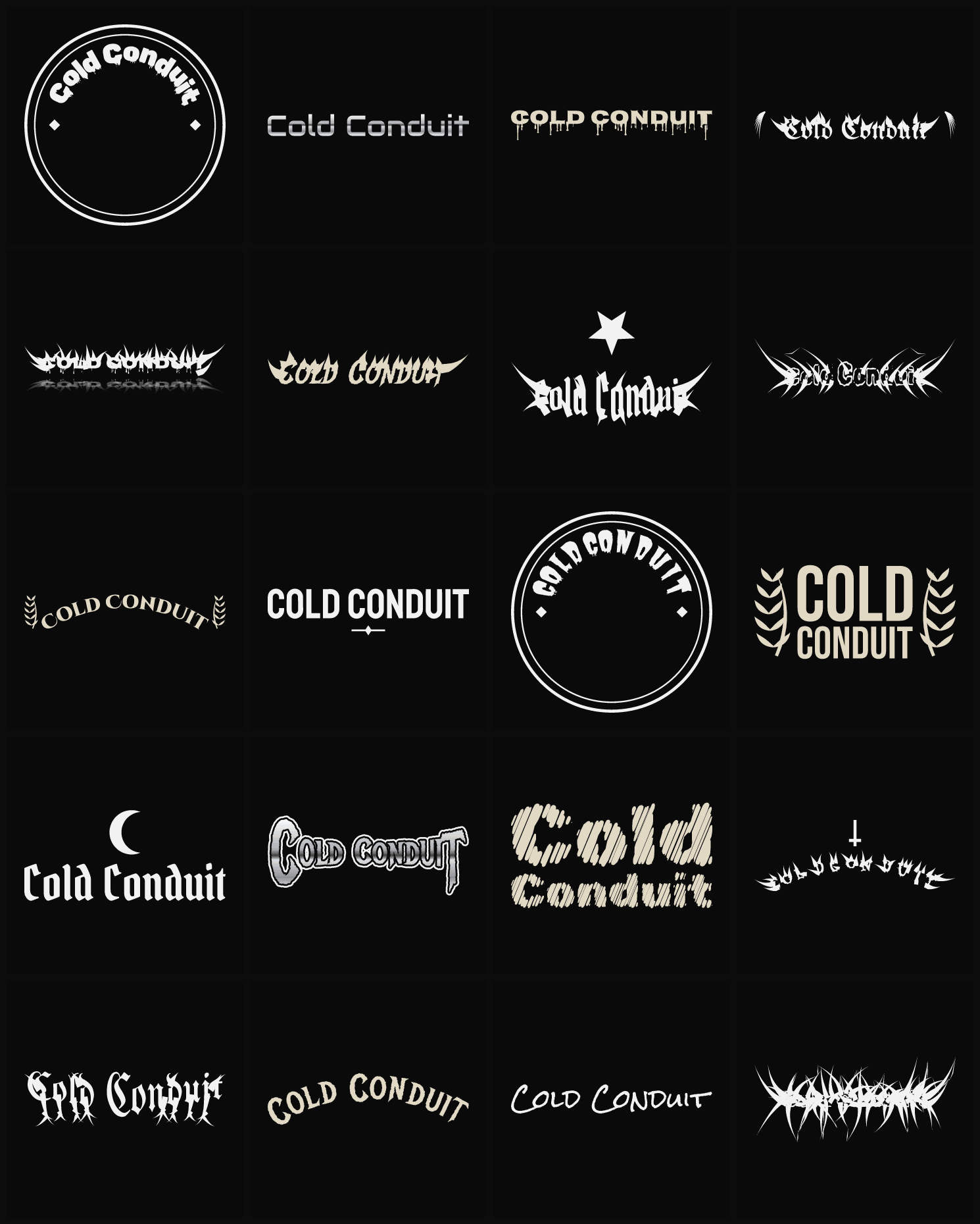 Twenty Cold Conduit band logo ideas — different faces, treatments and spike settings