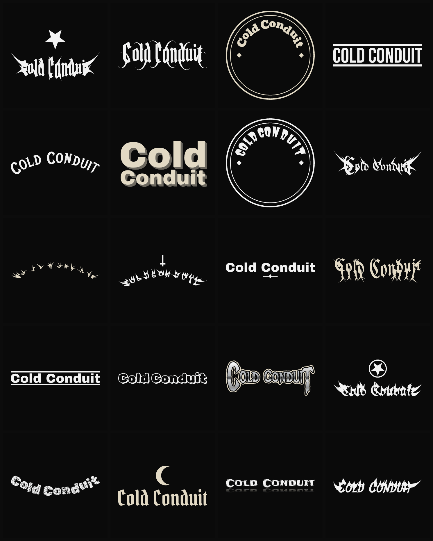Twenty Cold Conduit band logo ideas — different faces, treatments and spike settings