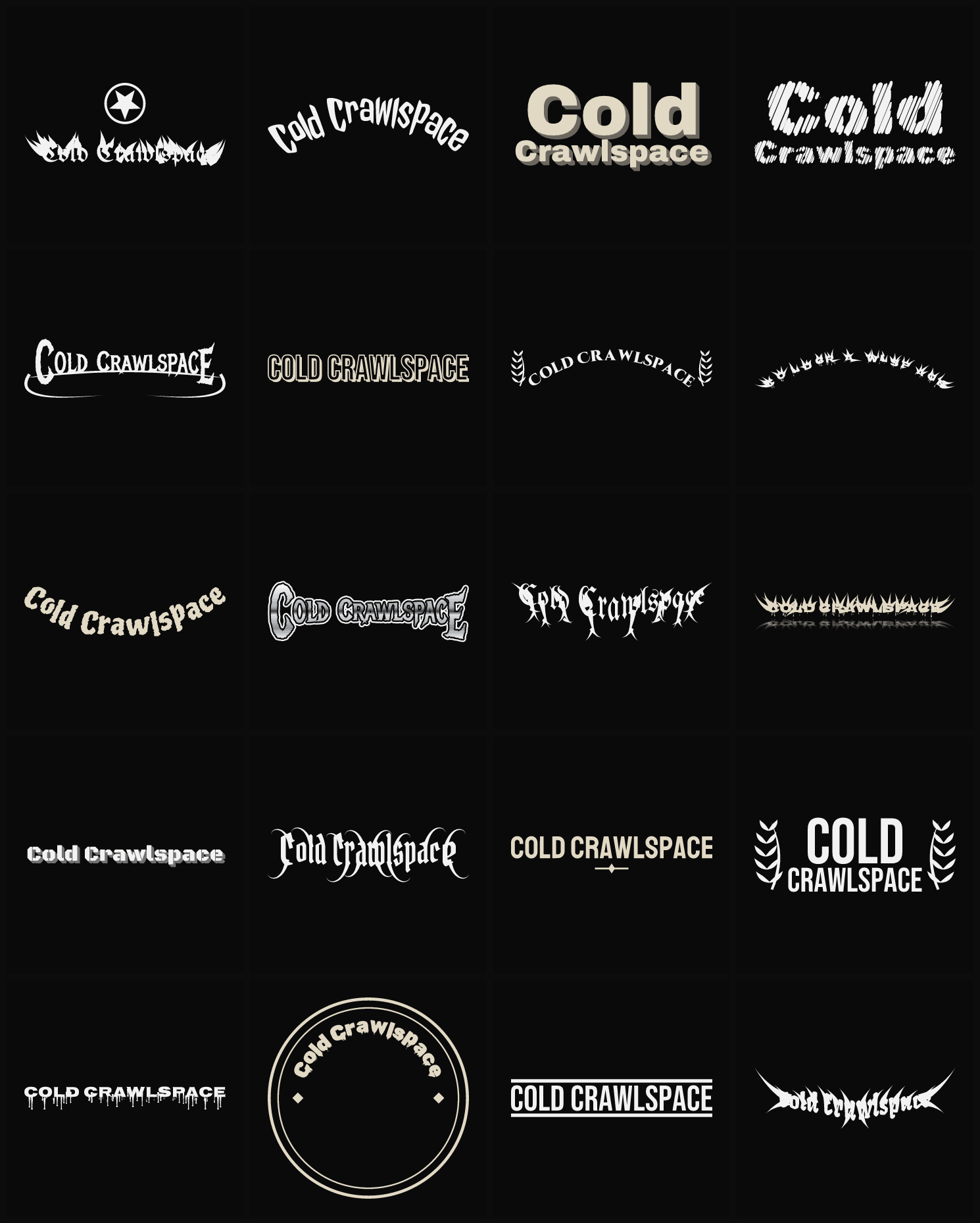 Twenty Cold Crawlspace band logo ideas — different faces, treatments and spike settings