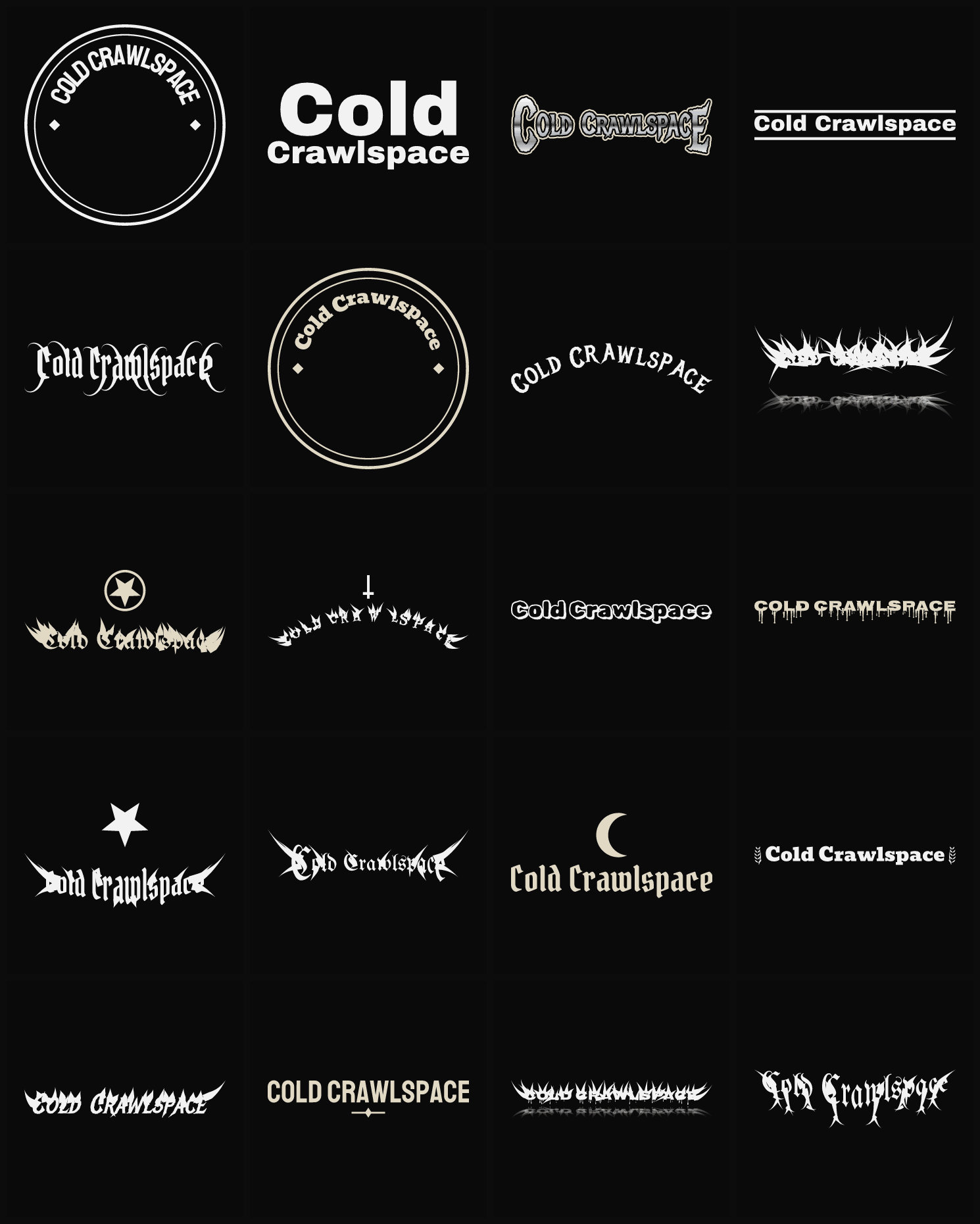 Twenty Cold Crawlspace band logo ideas — different faces, treatments and spike settings