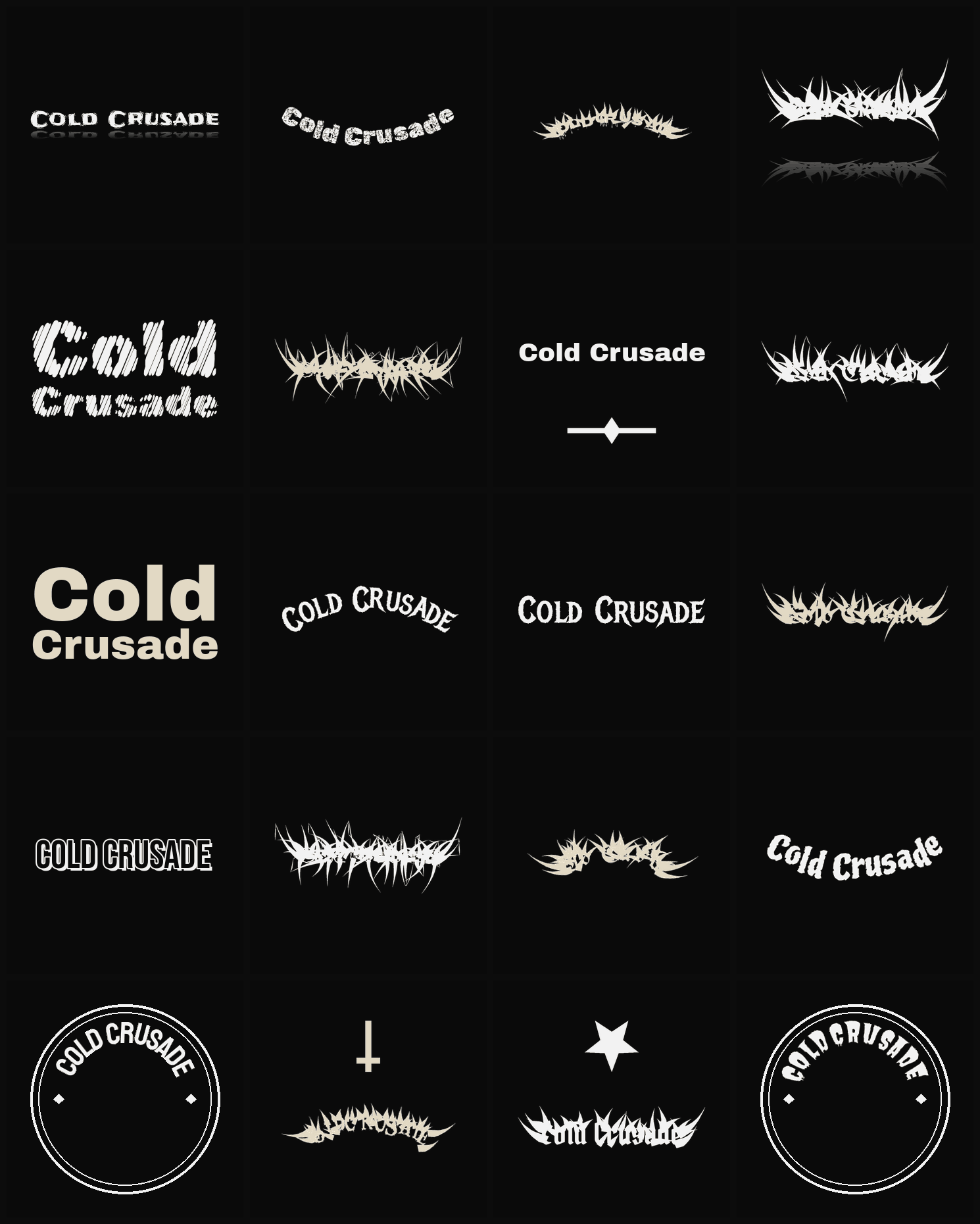 Twenty Cold Crusade band logo ideas — different faces, treatments and spike settings