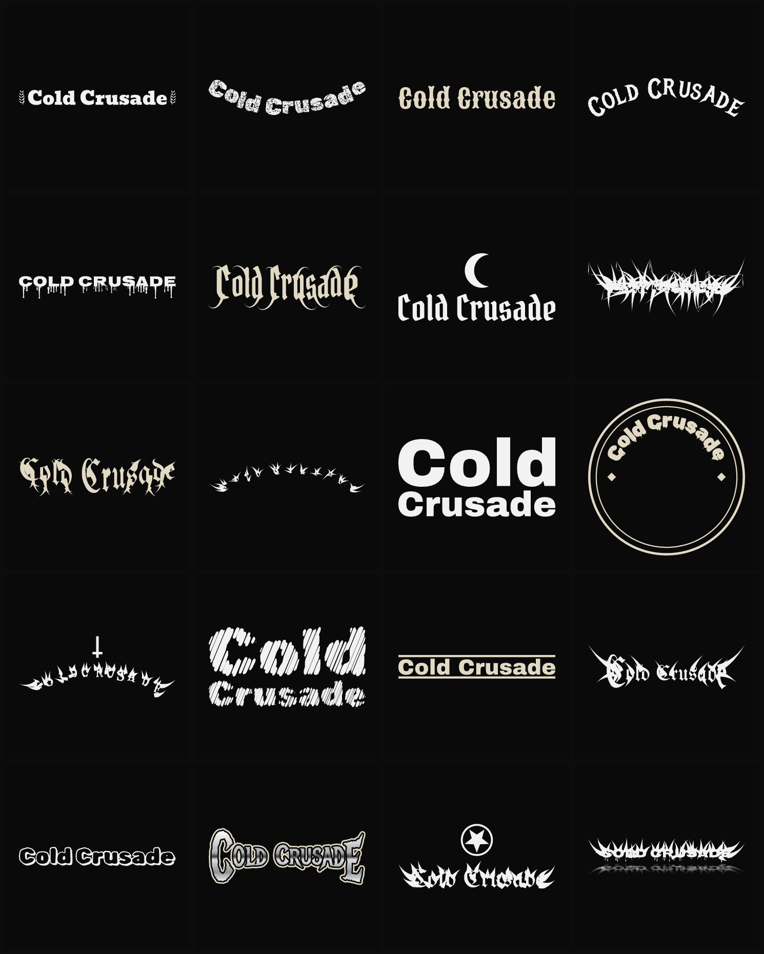 Twenty Cold Crusade band logo ideas — different faces, treatments and spike settings