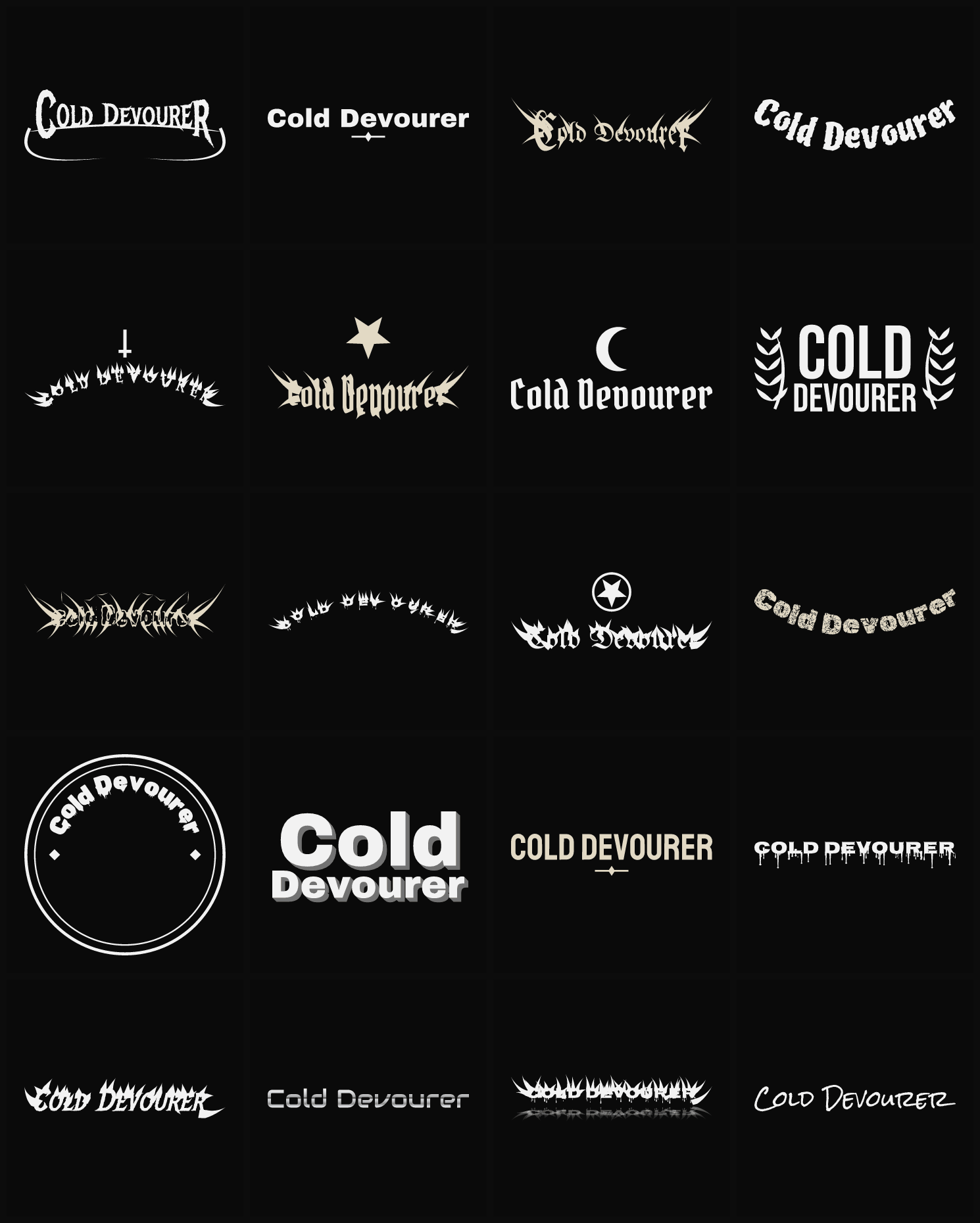 Twenty Cold Devourer band logo ideas — different faces, treatments and spike settings