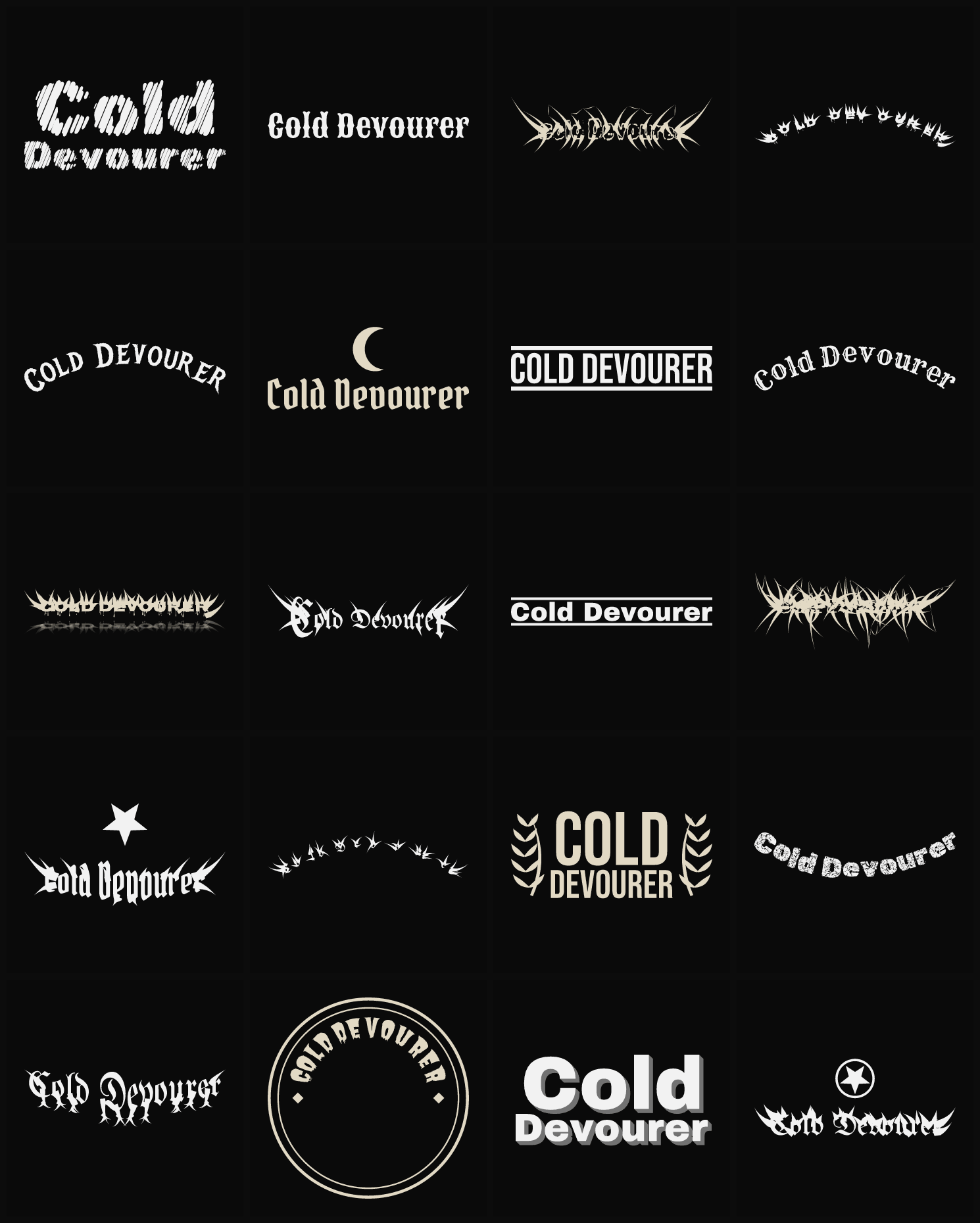 Twenty Cold Devourer band logo ideas — different faces, treatments and spike settings