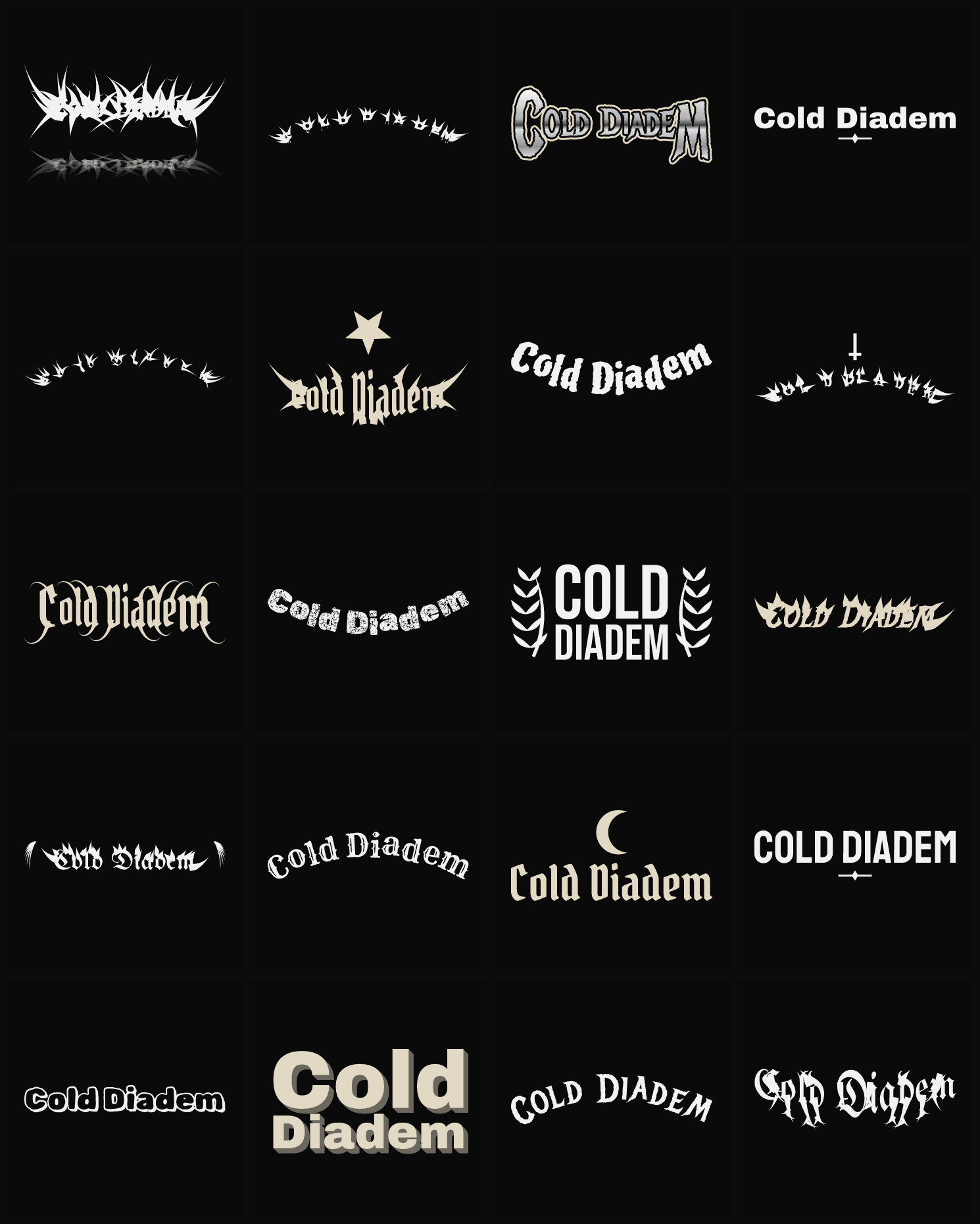 Twenty Cold Diadem band logo ideas — different faces, treatments and spike settings