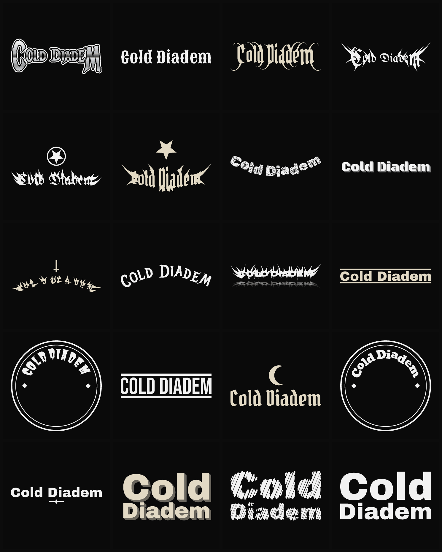 Twenty Cold Diadem band logo ideas — different faces, treatments and spike settings