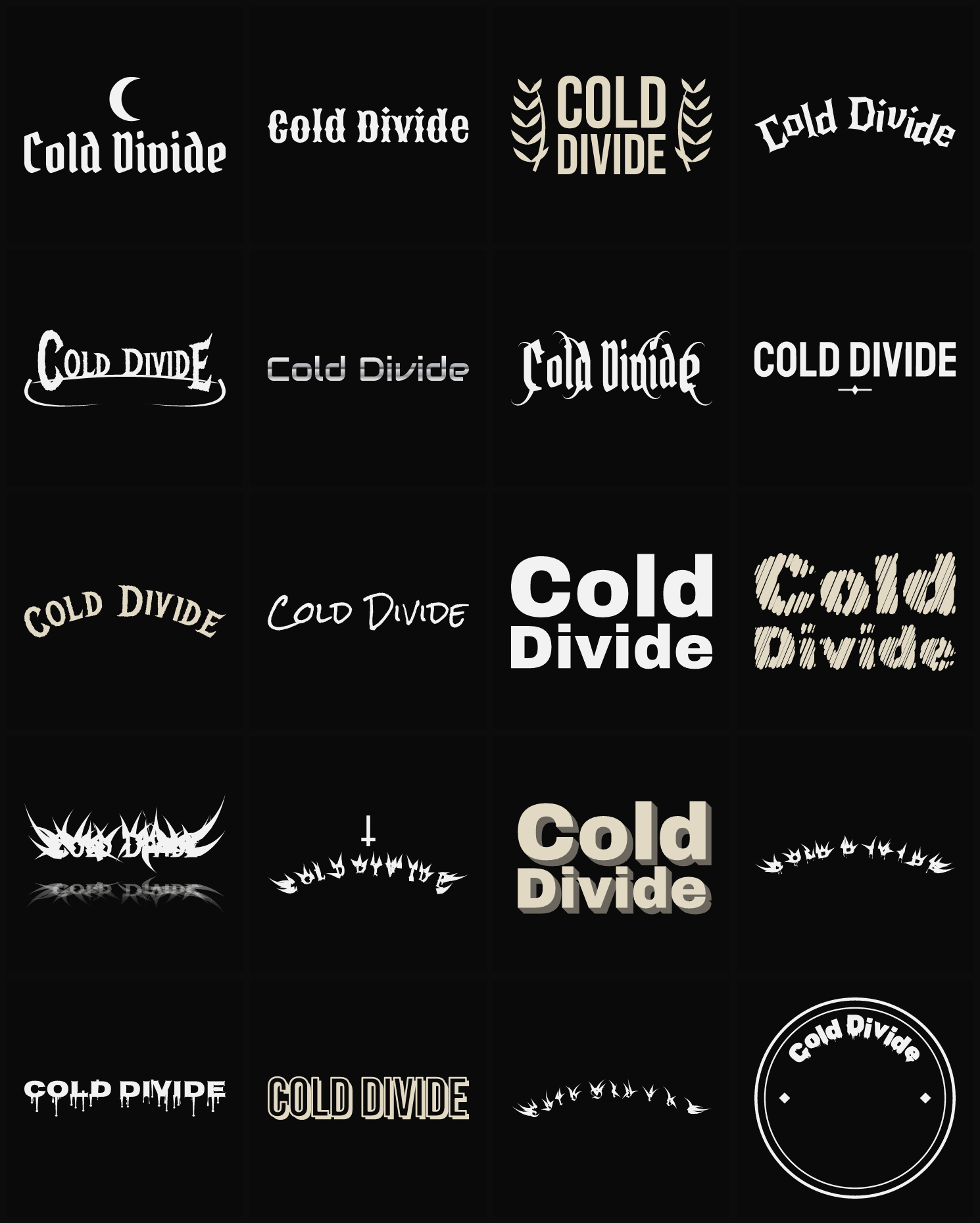 Twenty Cold Divide band logo ideas — different faces, treatments and spike settings