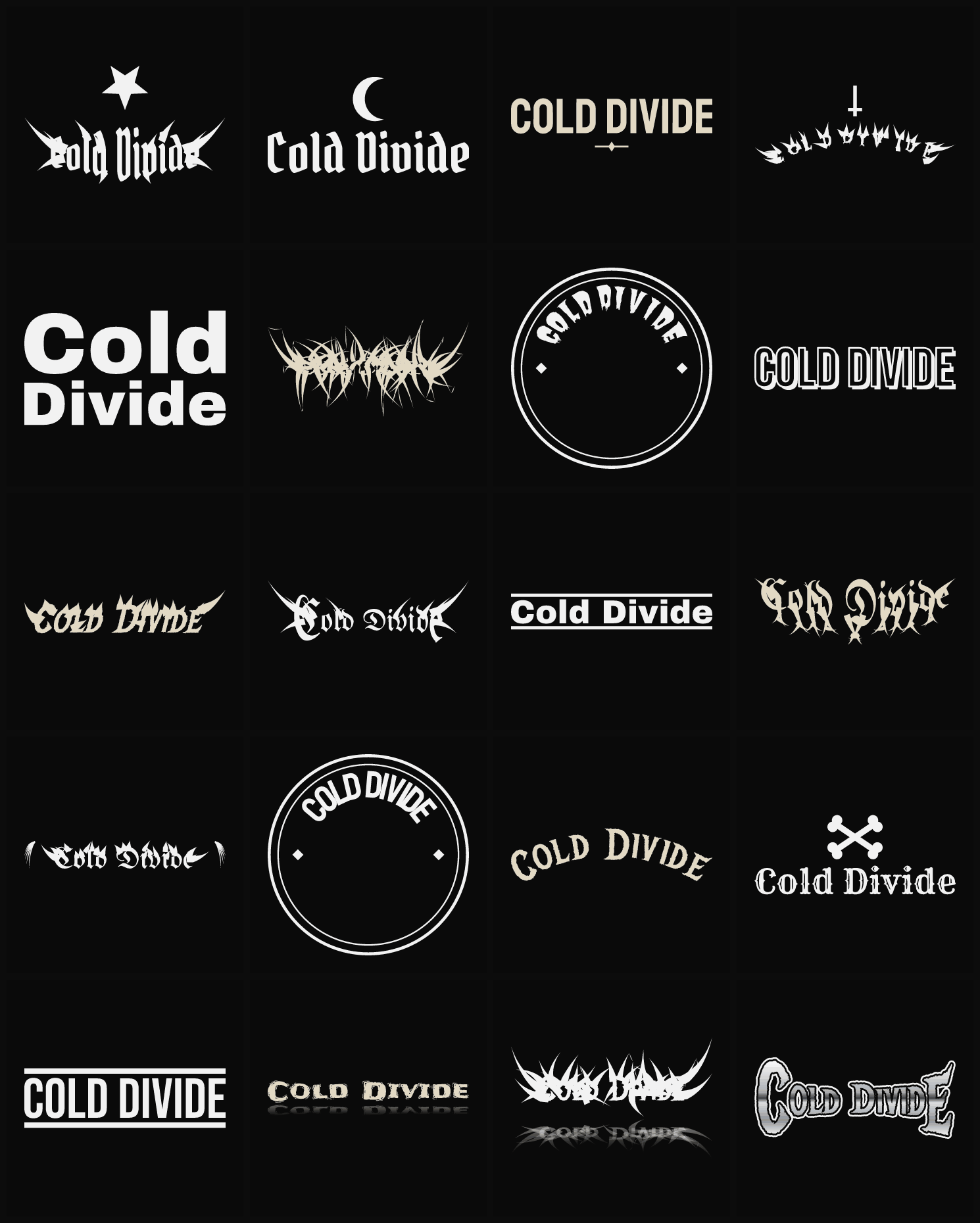 Twenty Cold Divide band logo ideas — different faces, treatments and spike settings